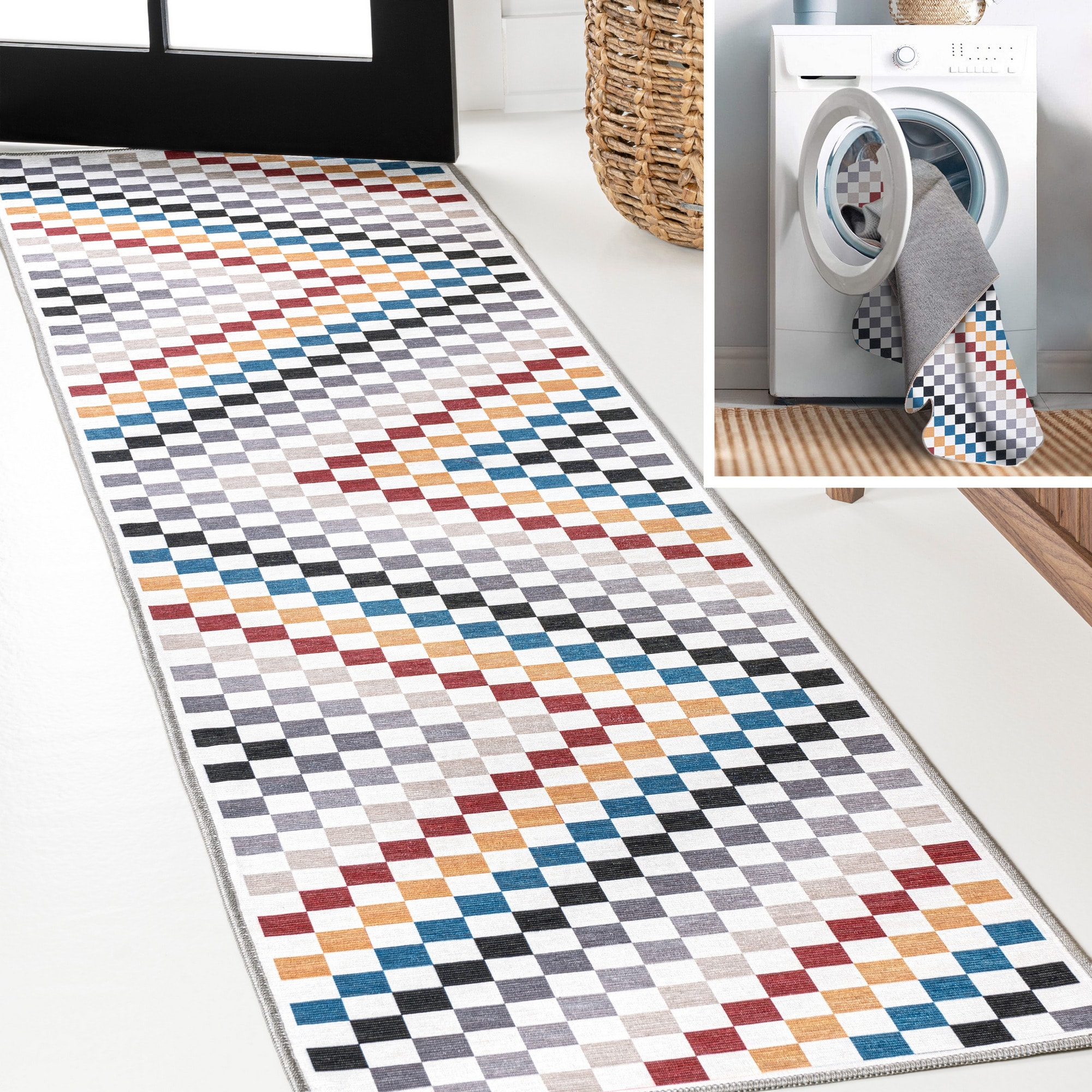 JONATHAN  Y WSH126D-28 WASHABLE Ainsley Cottage Checkerboard 2 x 8 (ft) Loomed Chenille Multi-Colored Rectangular Indoor Geometric Farmhouse/Cottage Machine washable Runner rug