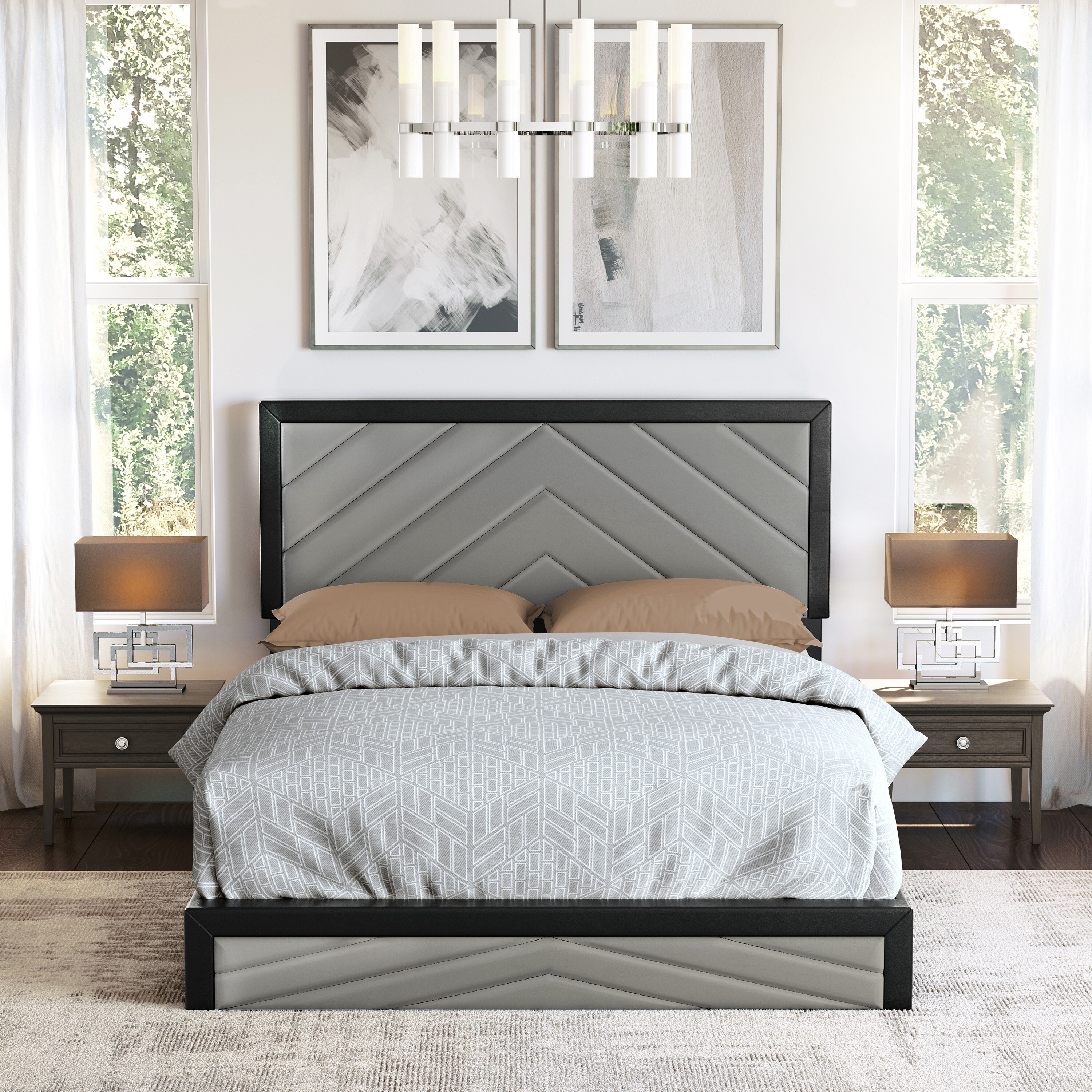 Boyd Sleep HC203600402 Arden Leatherette Platform Bed Frame with Chevron Patterned Headboard- Sturdy 14 Slat Wood Support System- No Box Spring Required