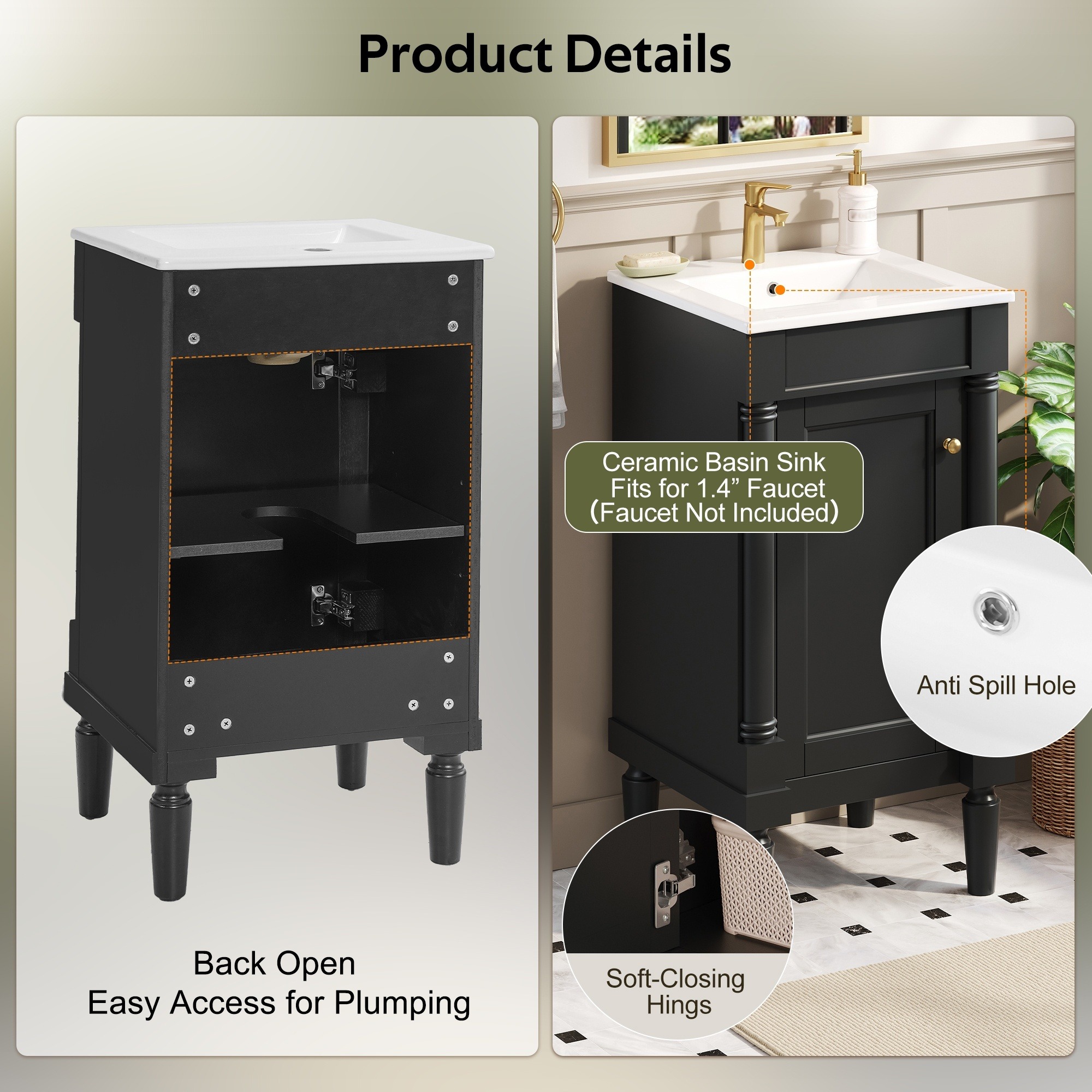IAK 18 inch Black French Style Bathroom Vanity with Ceramic Sink and