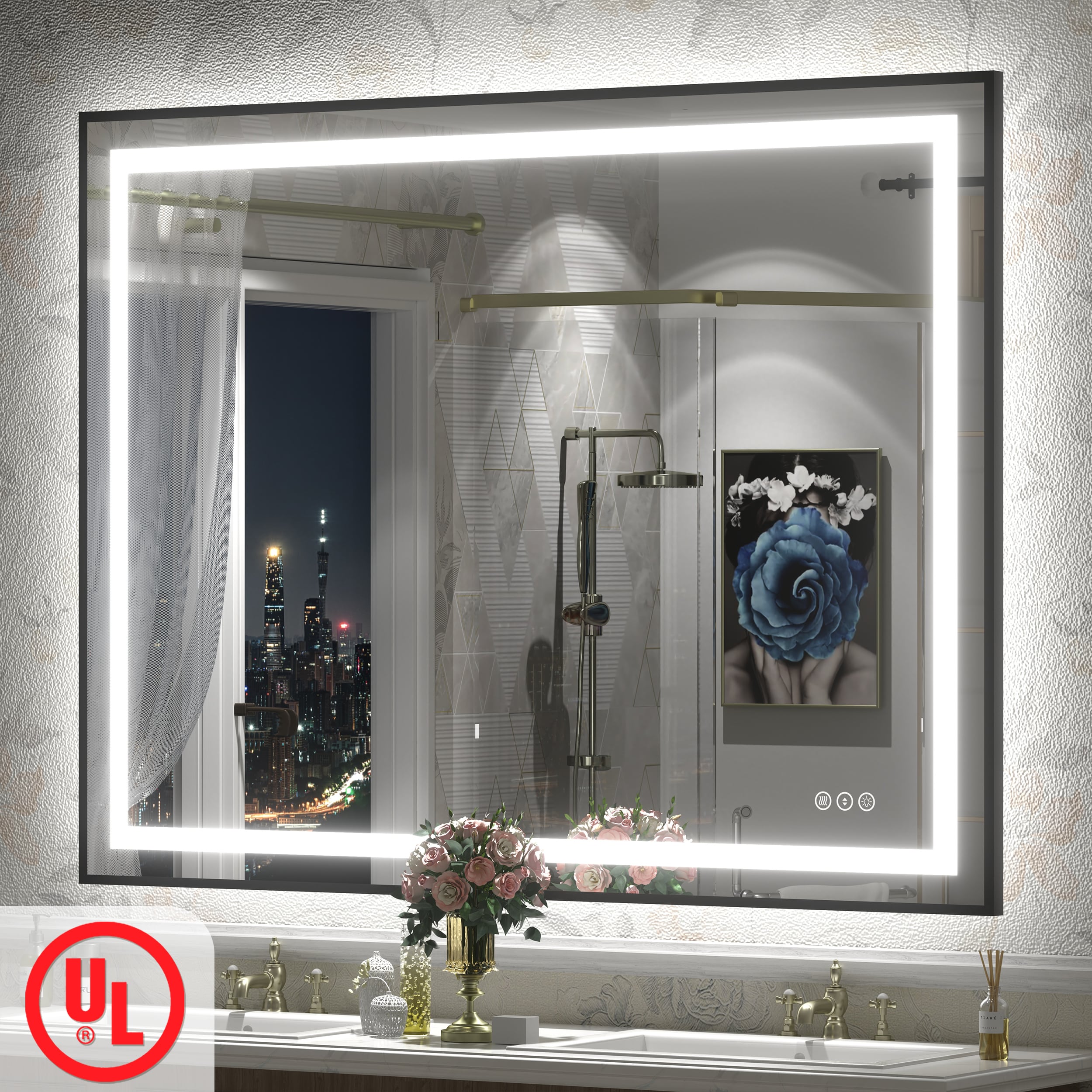 Apmir 48-in W x 36-in H UL Certified Black Aluminum Frame Front and Back LED Anti-Fog Stepless Dimmable 3-Color Lighting 3-Year Warranty Tempered Glass Bathroom Vanity Mirror
