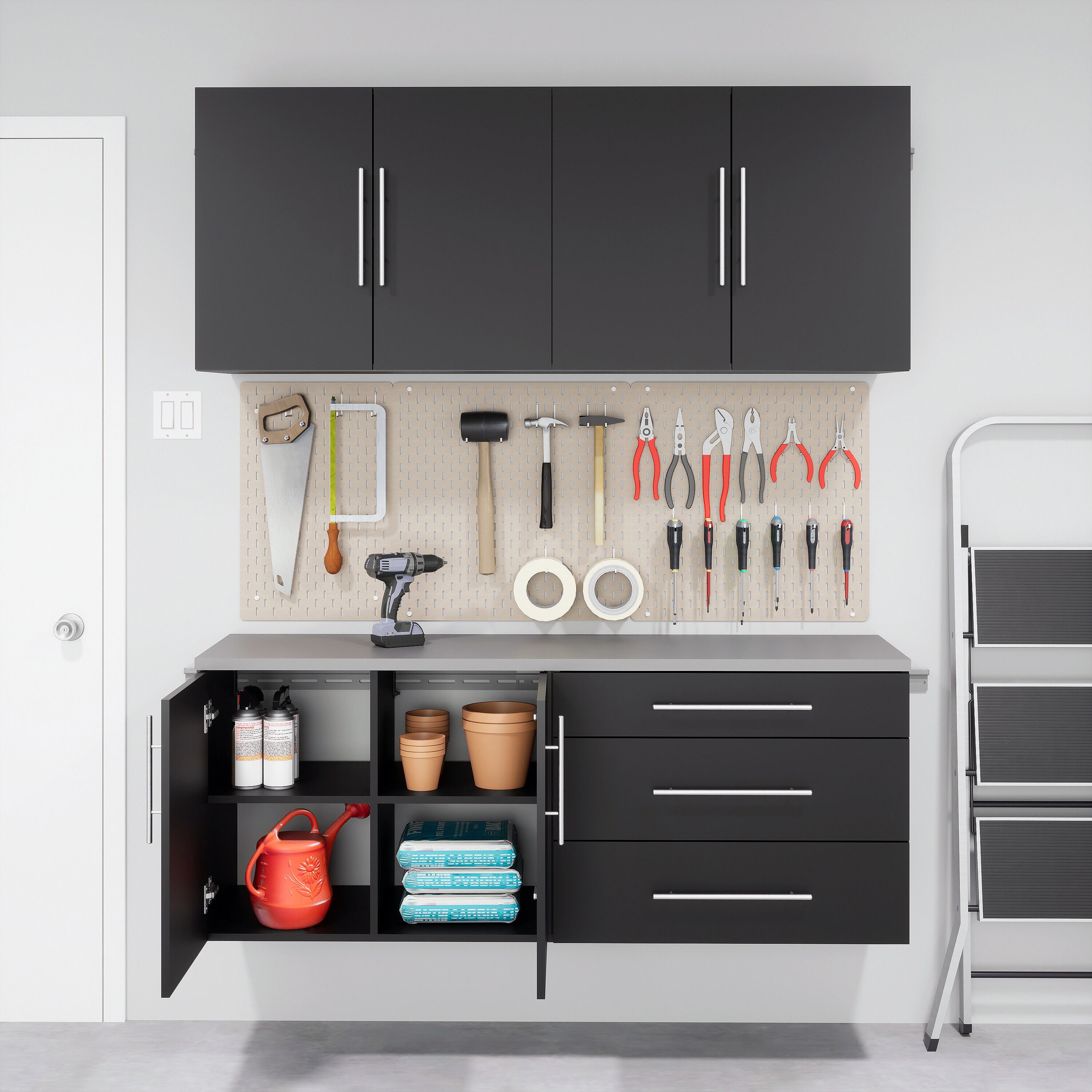 Prepac 4-Cabinets Composite Wood Garage Storage System in Black Hangups ...