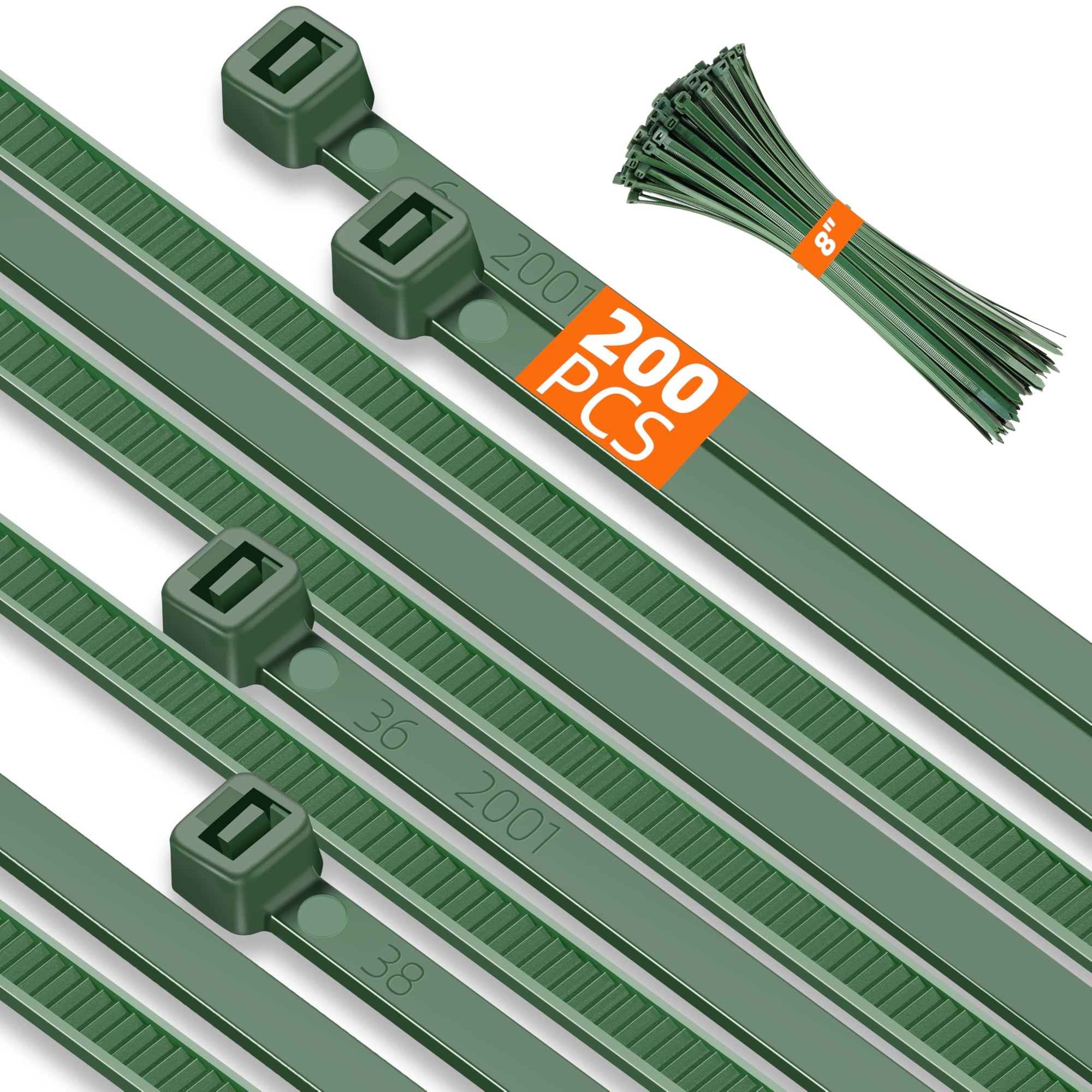 Vrbgify  8 Inch Green Zip Ties 200 pcs Heavy Duty Nylon Cable Ties 45 Lbs Strength Self Locking for Outdoor Indoor Gardening Plants Fence Grid