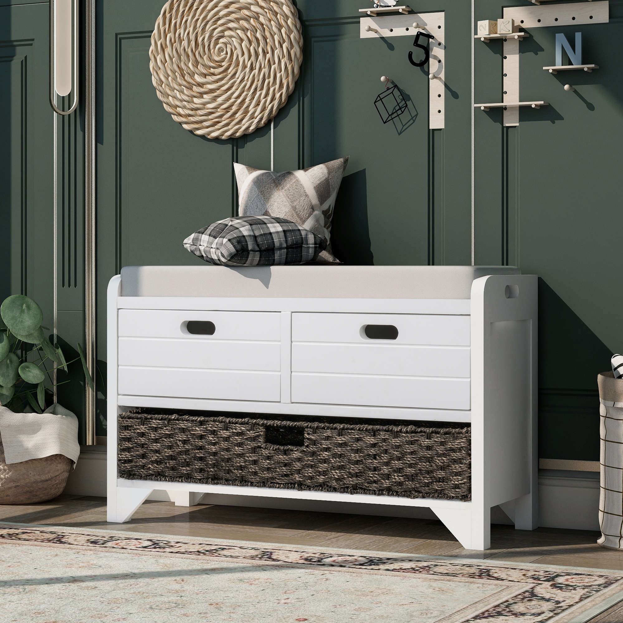 ModernLuxe WF199578AAK Storage Bench with Removable Basket and 2 Drawers Fully Assembled Shoe Bench with Removable Cushion White