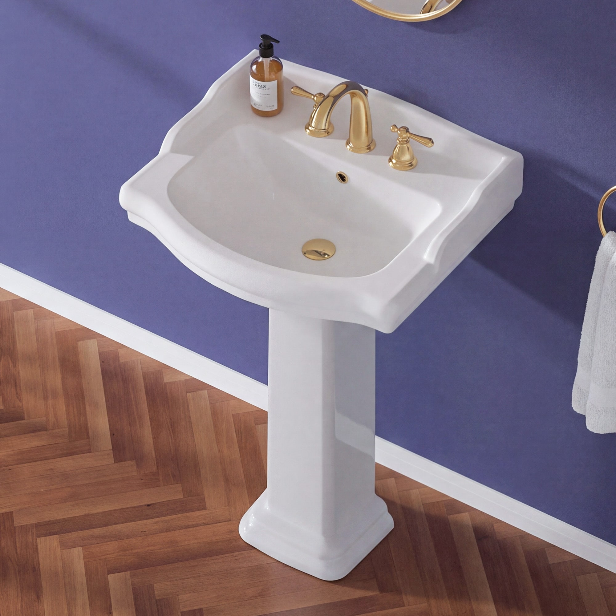 Miuara Freestanding 23-in x 19-in Vitreous China White Pedestal Sink 3 Hole for Bathroom or Laundry or Aisle or Lavatory Room - Backsplash Design with 1 Overflow (23-in x 19-in x 33.5-in)