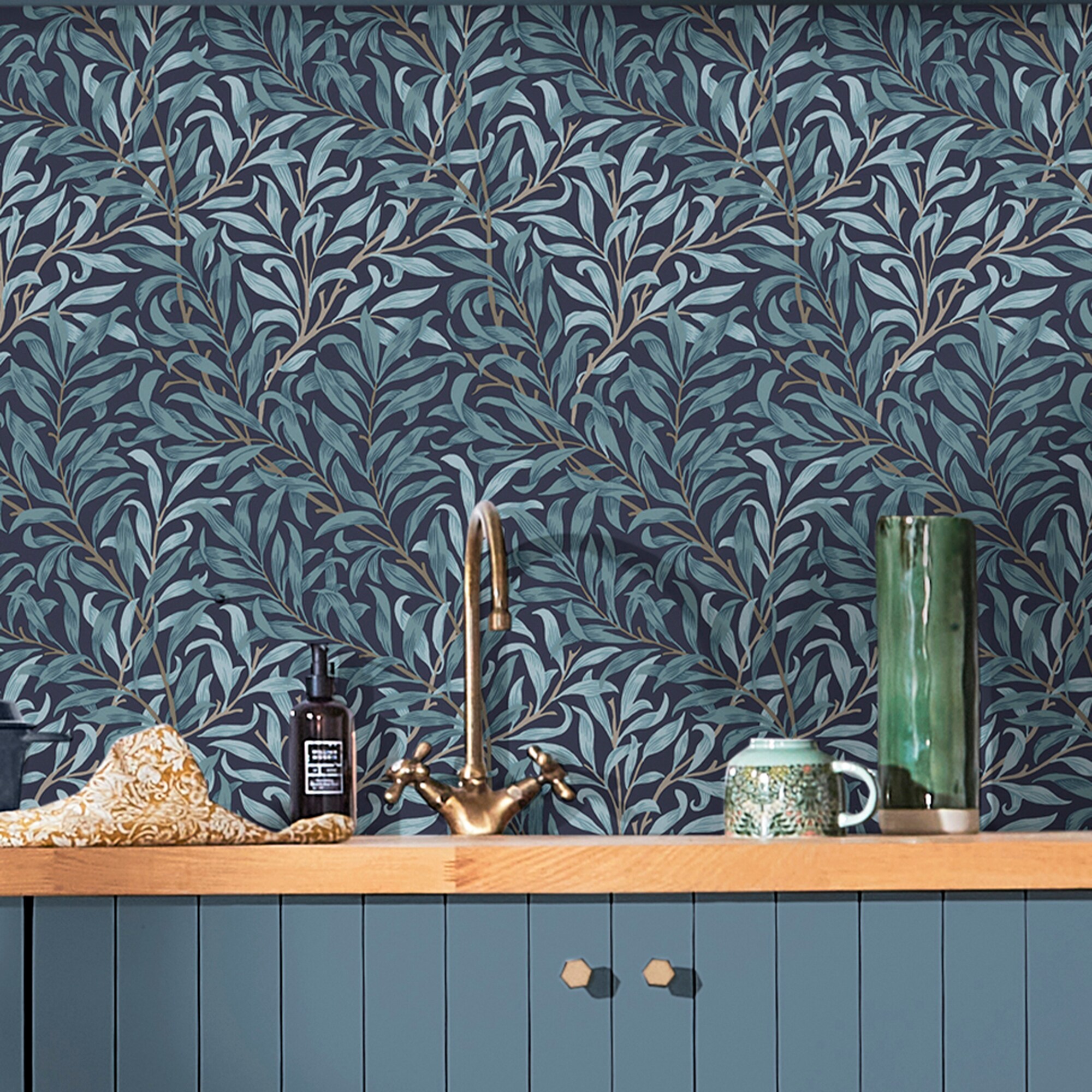 Deep Blue Willow Bough Floral Vinyl Wallpaper
