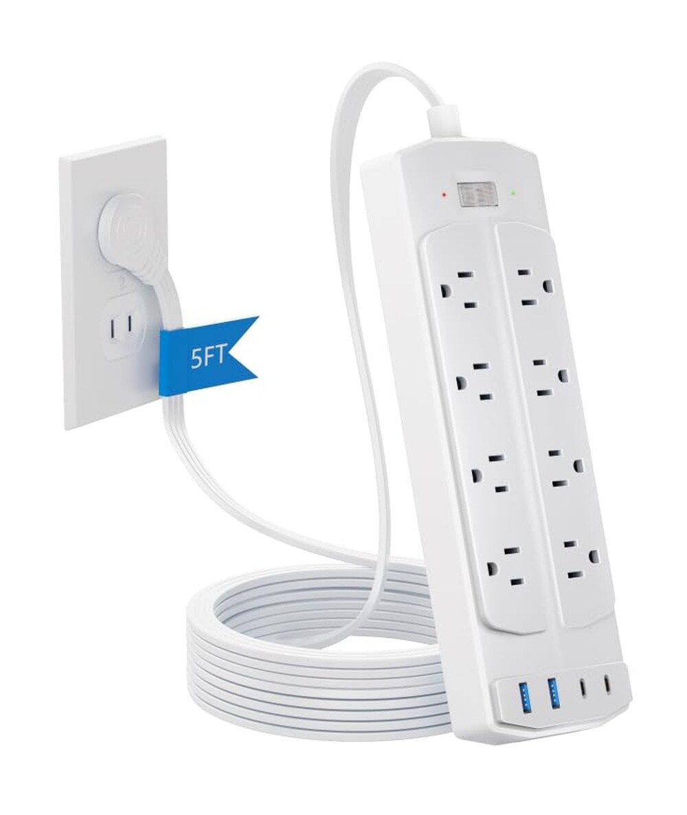 AOIZGMY  Smart Power Strip 2 Prong to 3 Prong Adapter 8 Outlets 4 USB Ports 1200J Surge Protector Flat Plug Extension Cord Remote Control