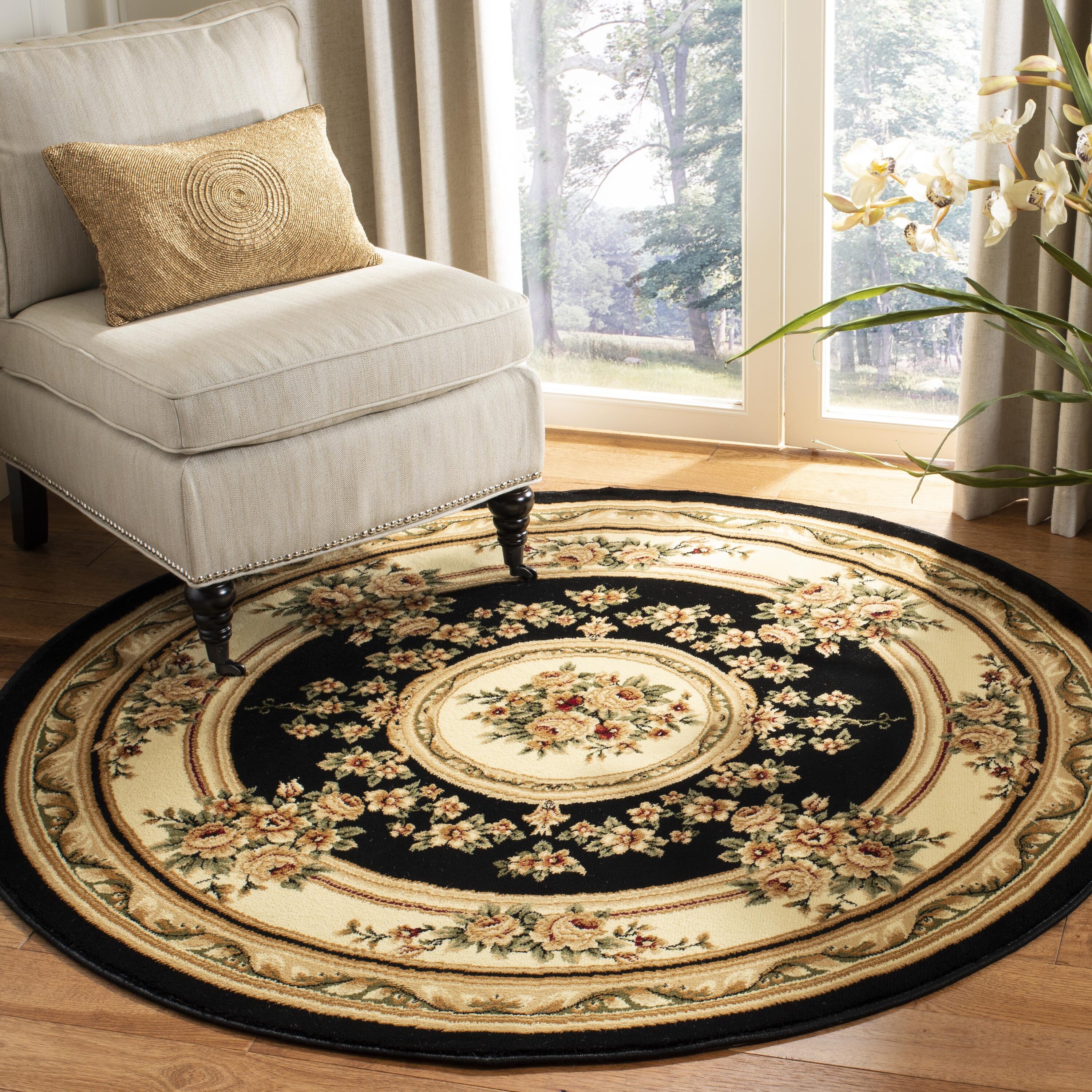 Safavieh LNH218A-8R Lyndhurst Medallion Tabriz 8 x 8 (ft) Loomed Polypropylene Black/Ivory Round Indoor Floral/Botanical Oriental Area rug