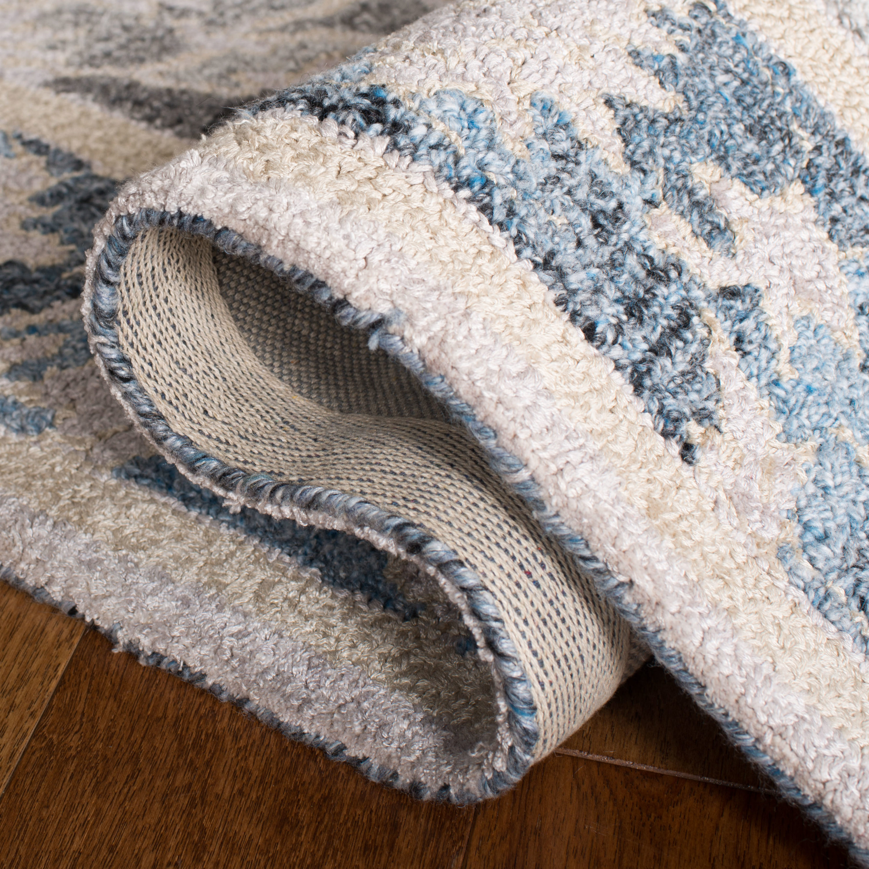 Handmade Blue and Beige Wool Abstract Runner Rug, 2'-3" x 8'