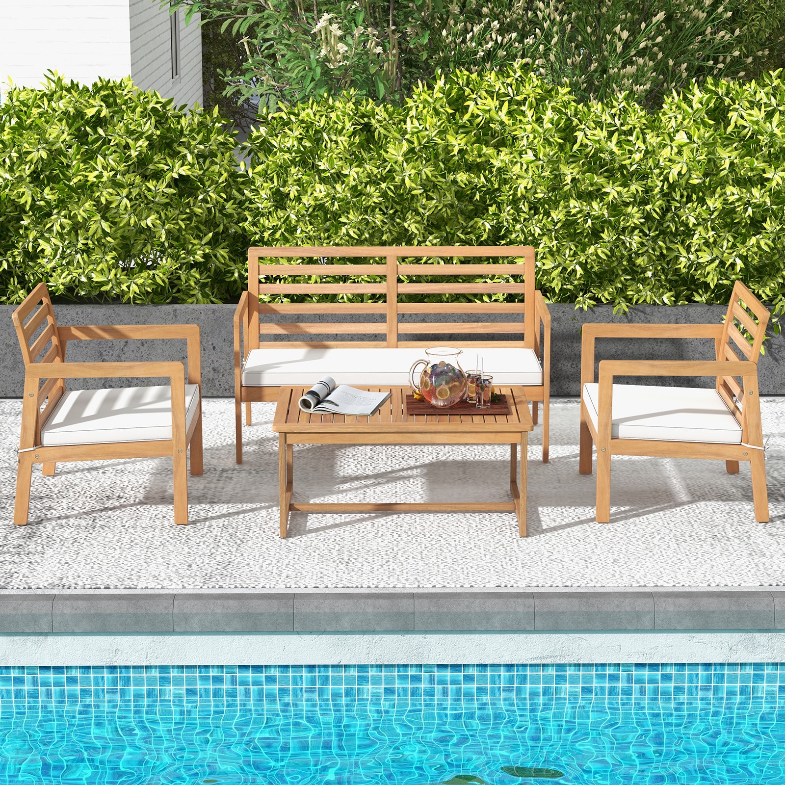 CALVON Patio Conversation Set 4 -Piece Patio Conversation Set with White Cushions Included