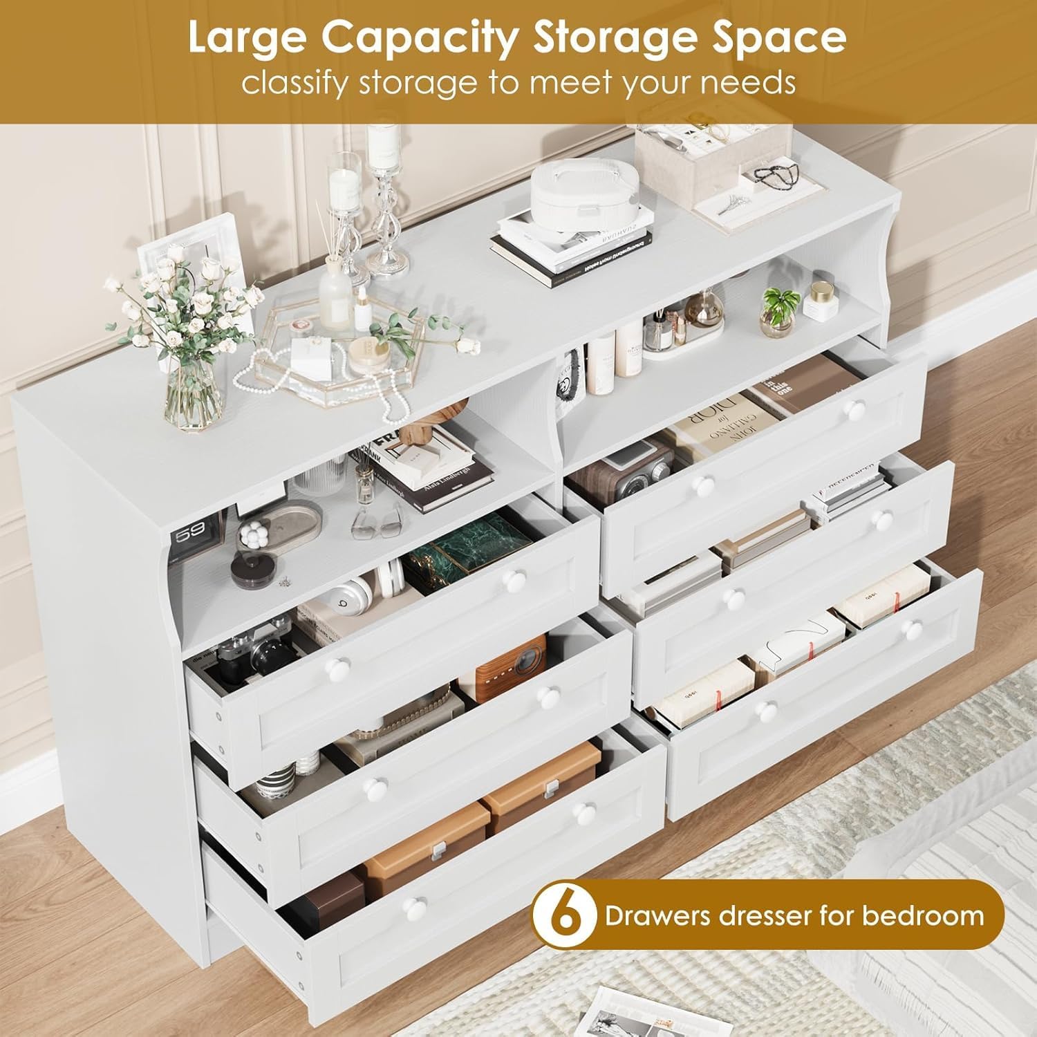Garvee 6 Drawer Dresser for Bedroom with RGB LED Lights Power Outlet ...