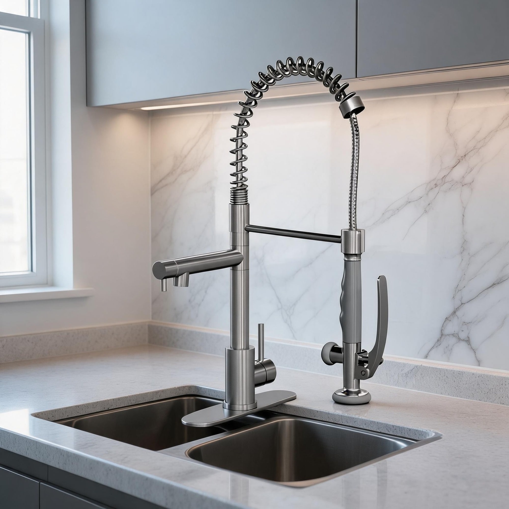 IAK Brushed Nickel Stainless Steel Commercial Single Handle Kitchen Sink Faucet with Pull Down Sprayer and Pot Filler Spout