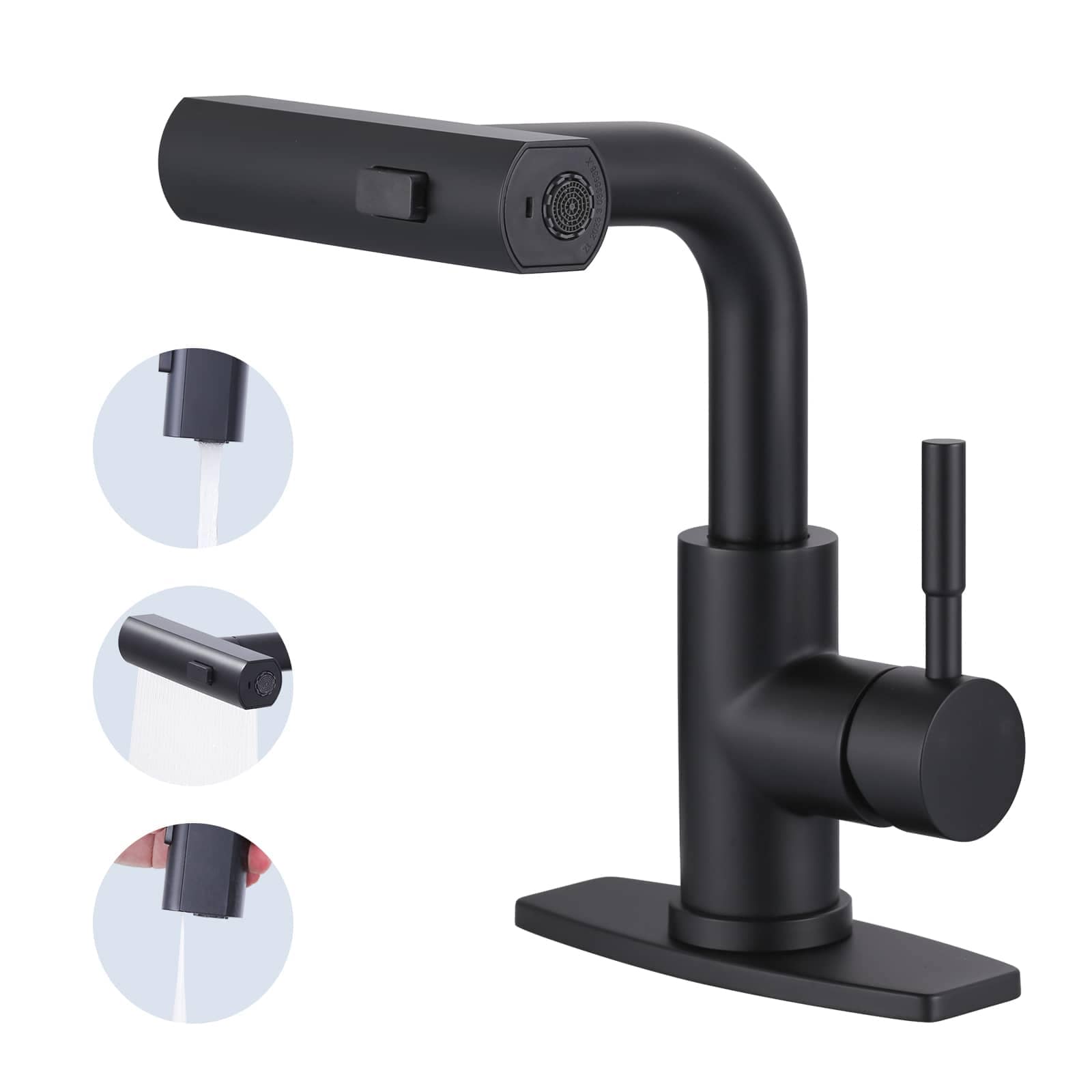 ALEASHA 3 Modes Single Handle Stainless Steel Waterfall Bar Faucet with Pull Out Sprayer and Deckplate in Matte Black