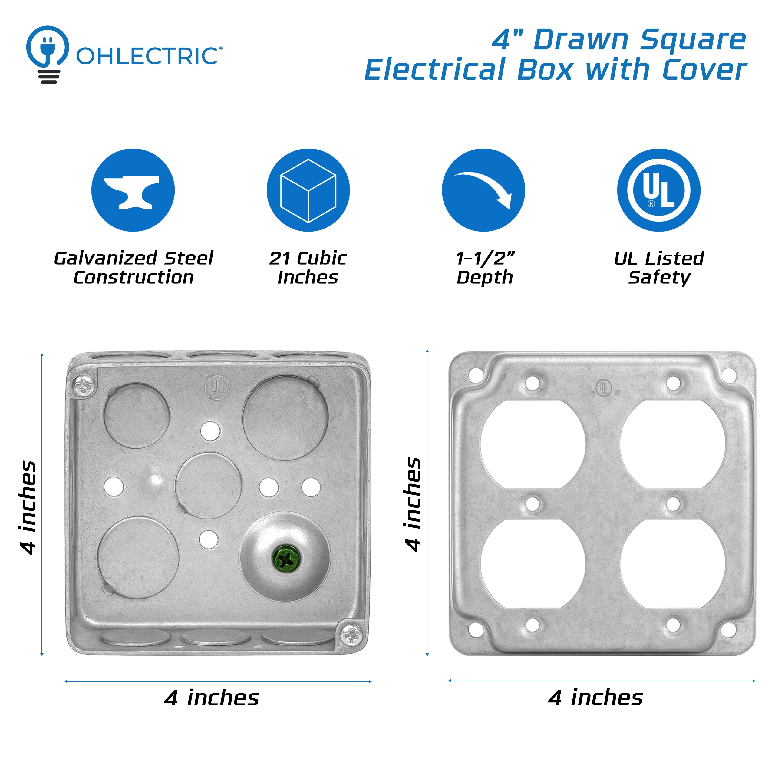 OHLECTRIC 4x4 Electrical Junction Boxes with Covers 20 Pack 1 1 2 Inch ...