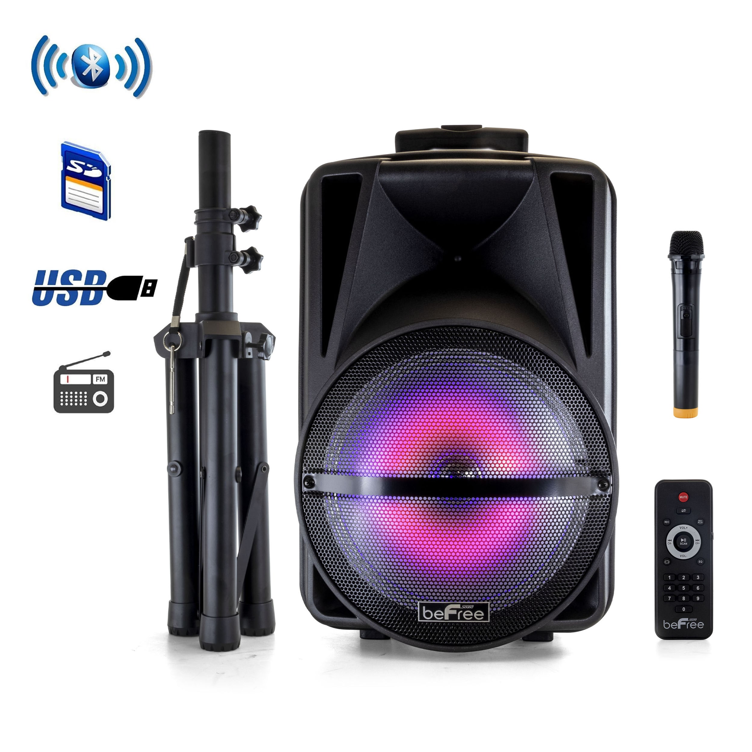 beFree Sound 12 Inch Bluetooth Rechargeable Portable PA Party Speaker with Reactive LED Lights and Stand #962112791M