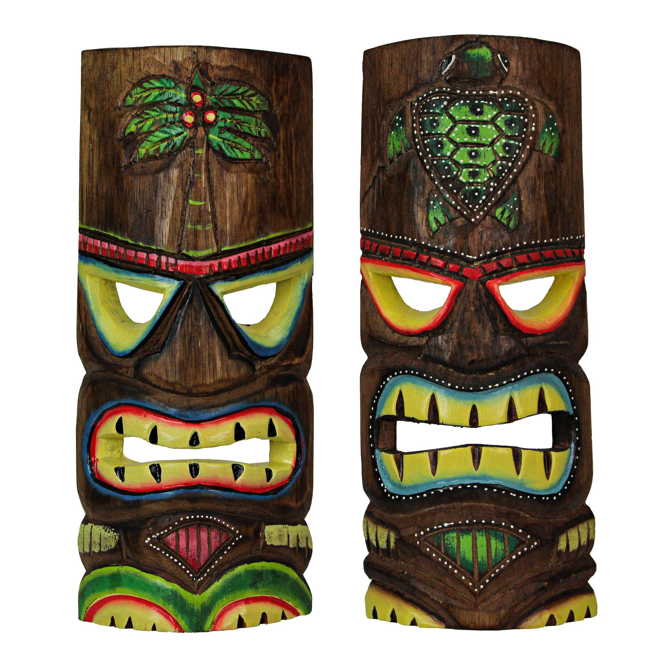 Things2Die4 JDY-22420-SET 12 Inch Wood Hand Carved Tiki Mask Wall Art Palm Tree And Turtle Tropical Beach Home Decor Set of 2