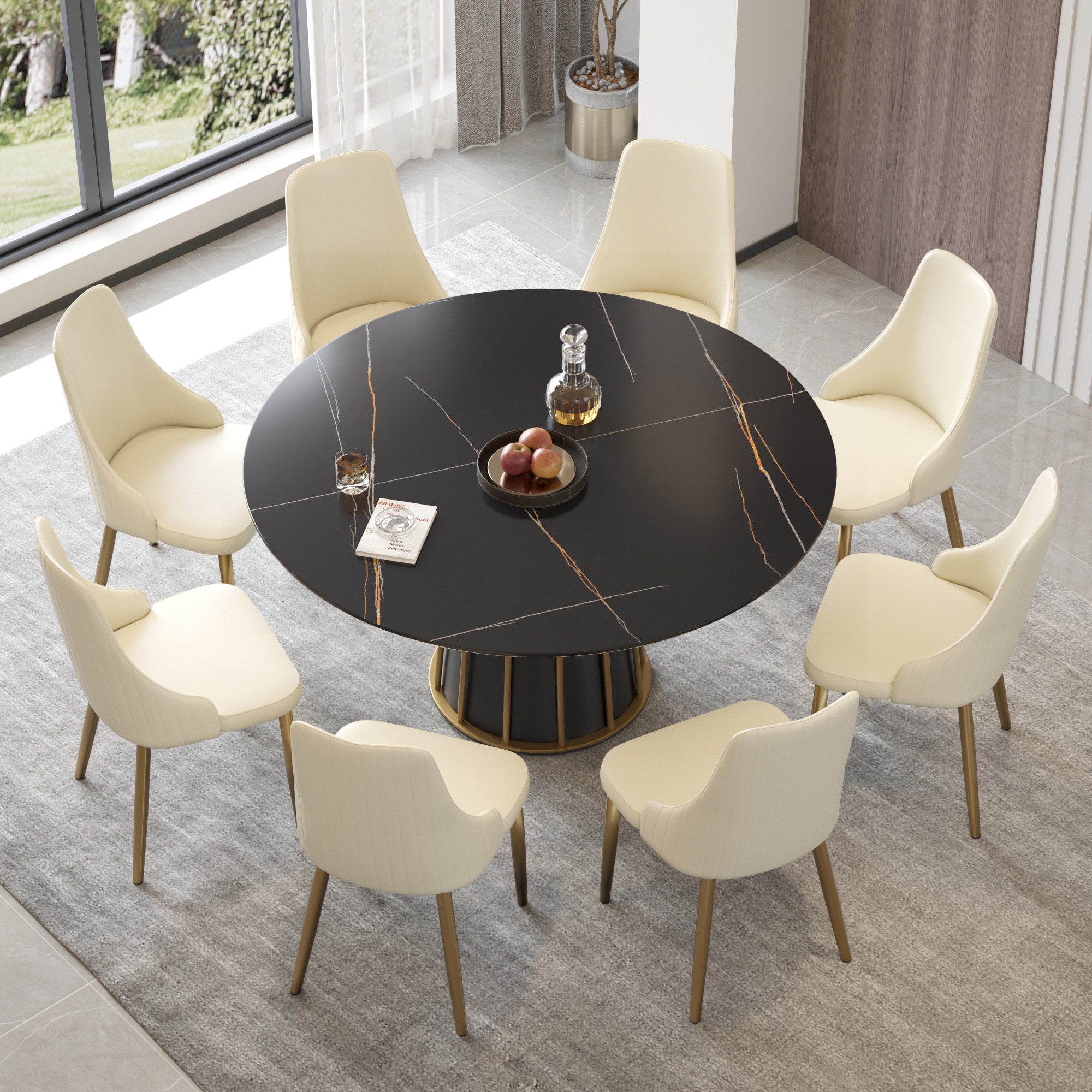 BuotiqHom DH-AT-150B-4B 59 in. Black Round Contemporary/Modern Dining Table, Ceramic with Primed Metal Pedestal Base 59-in L x 29.5-in H