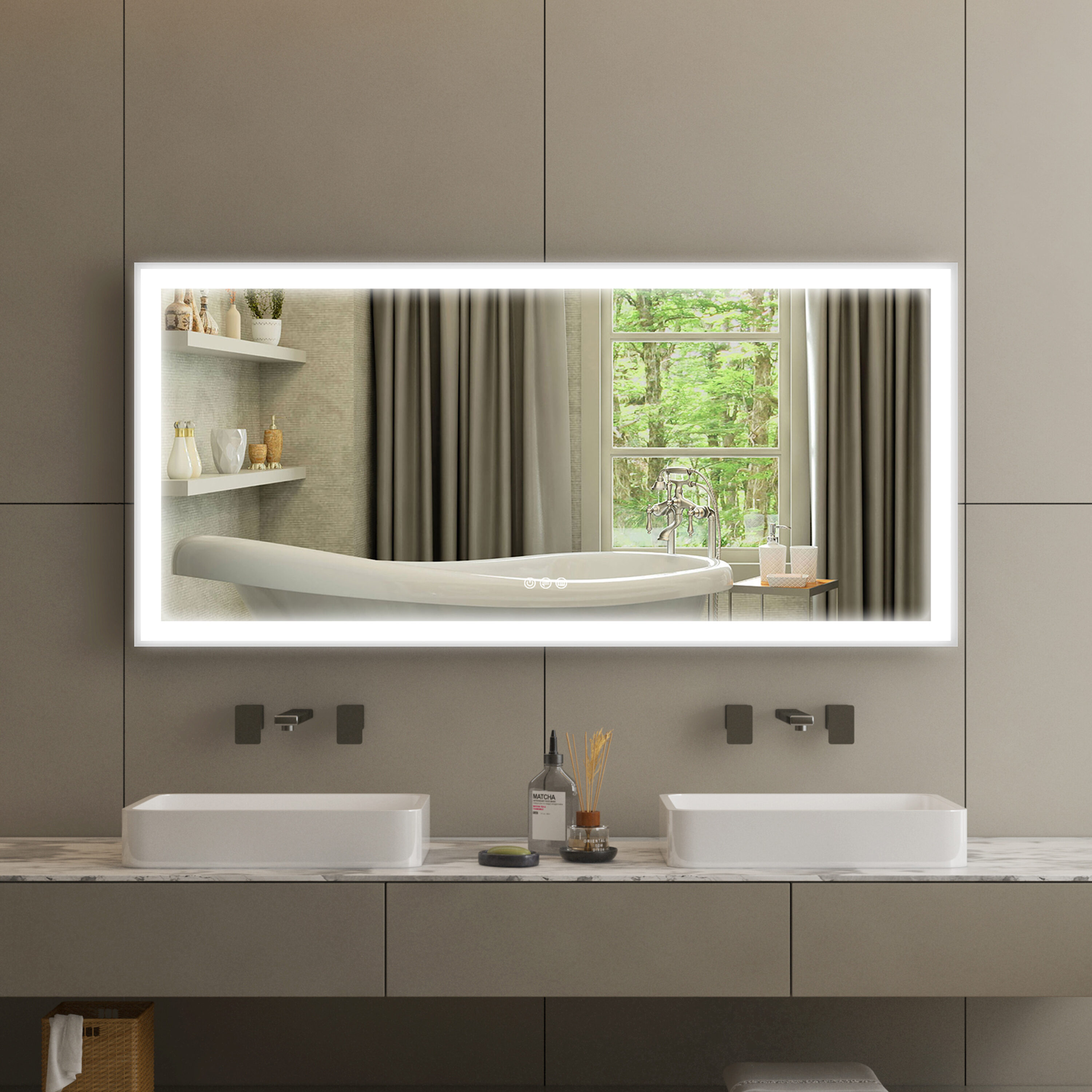 Forclover 60-in x 28-in Framed Dimmable Lighted Fog Free Bathroom ...