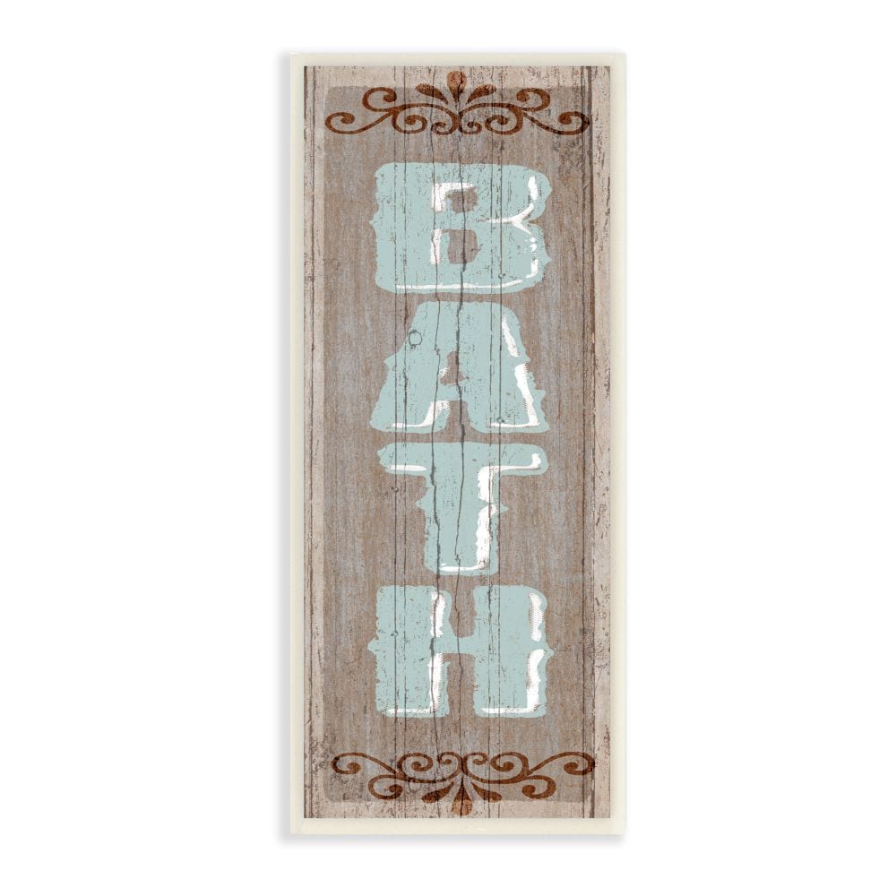 Stupell Industries AB-114-WD-7X17 Rustic Charm Bath Sign Blue Brown Family Bathroom Art Licensing Studio Frameless 17-in H x 7-in W Inspirational Print