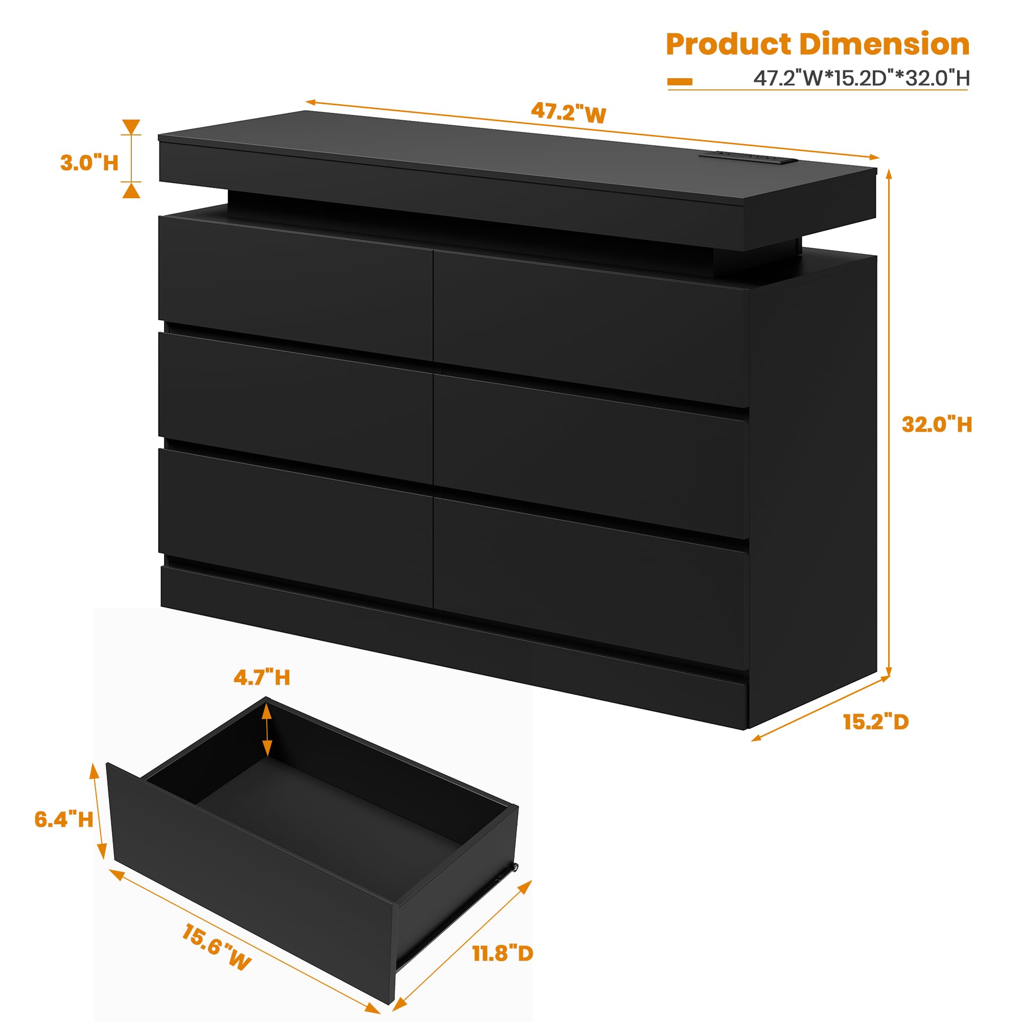 Garvee 6 Drawer Dresser for Bedroom 47in Wide Chest of Drawers with LED ...