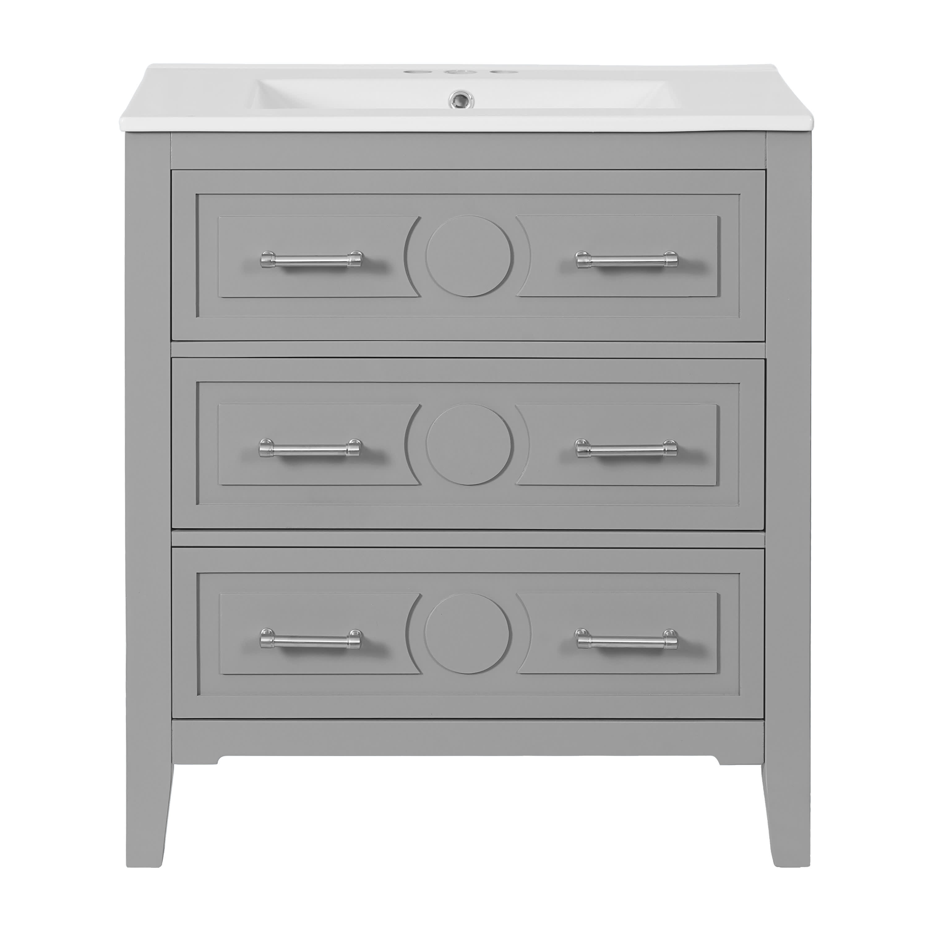 Vynxaria LEXY1411-DJYS-SZT181 30 Inch Gray Free Standing Bathroom Vanity with Ceramic Sink One Unit Solid Wood Cabinet Three Soft Close Drawers Retro Silver Handles
