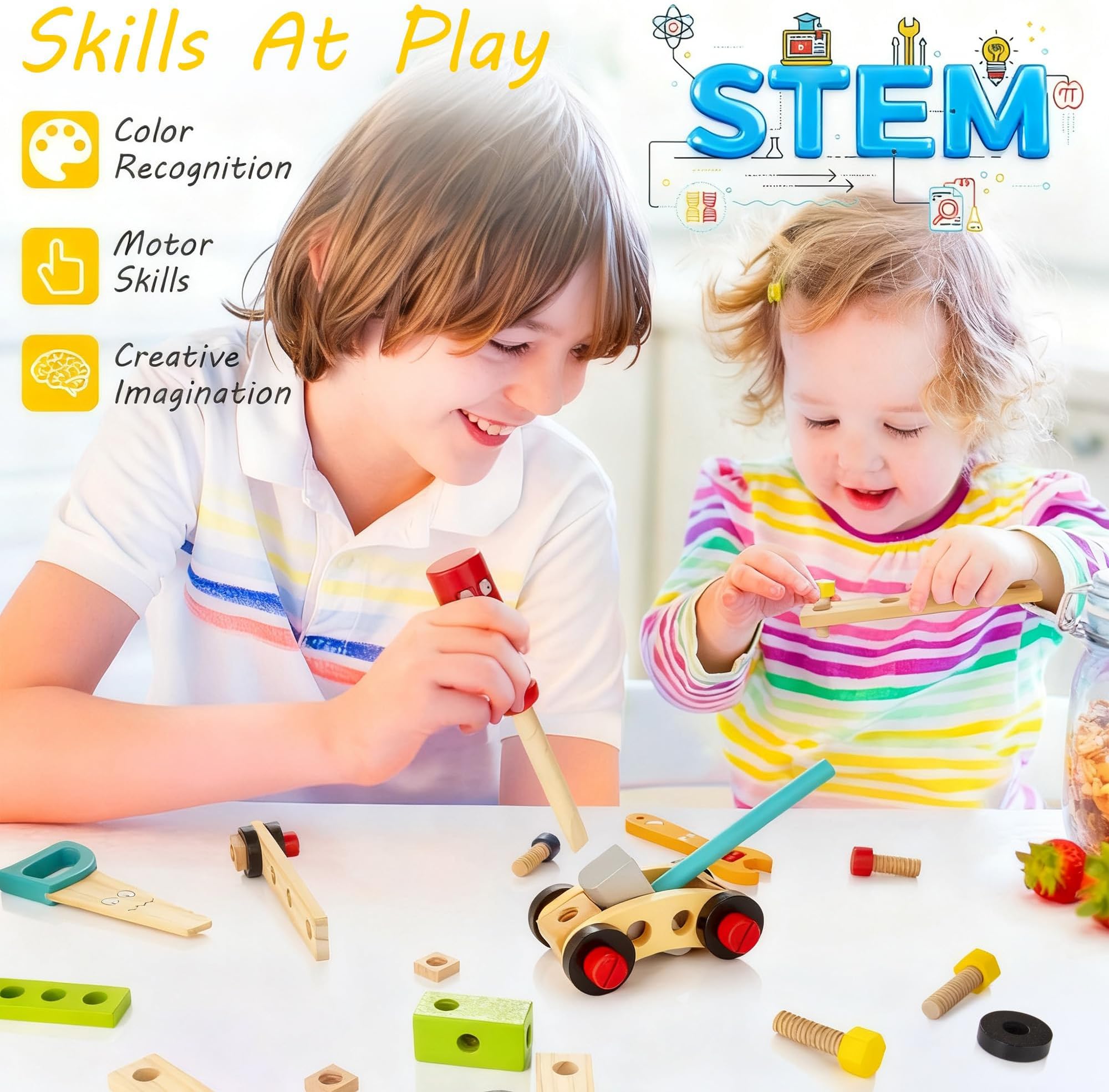 Aoibox 36 Piece Wooden Kids Tool Kit Includes Tool Box Hammer Wrench ...