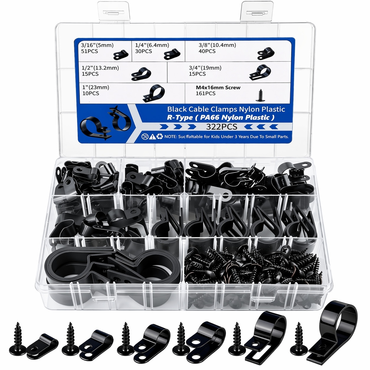 LAIFUCAM  322PCS Black Cable Clips R Type Nylon Wire Clips Assortment Kit 6 Sizes 3 16 1 4 3 8 1 2 3 4 1 Cable Clamps with M4 Screws for Wire