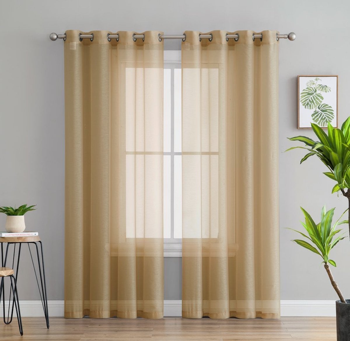 HLC.me MFN-CB-0LZO-KSCB 84-Inches Gold Sheer Grommet Curtain panel pair