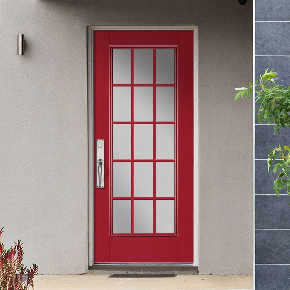 Masonite 1218824 36-in x 80-in x 4-9/16-in Fiberglass Full lite Right-hand inswing Roma Red Painted Prehung Front Door with Brickmould Insulating core with Grilles