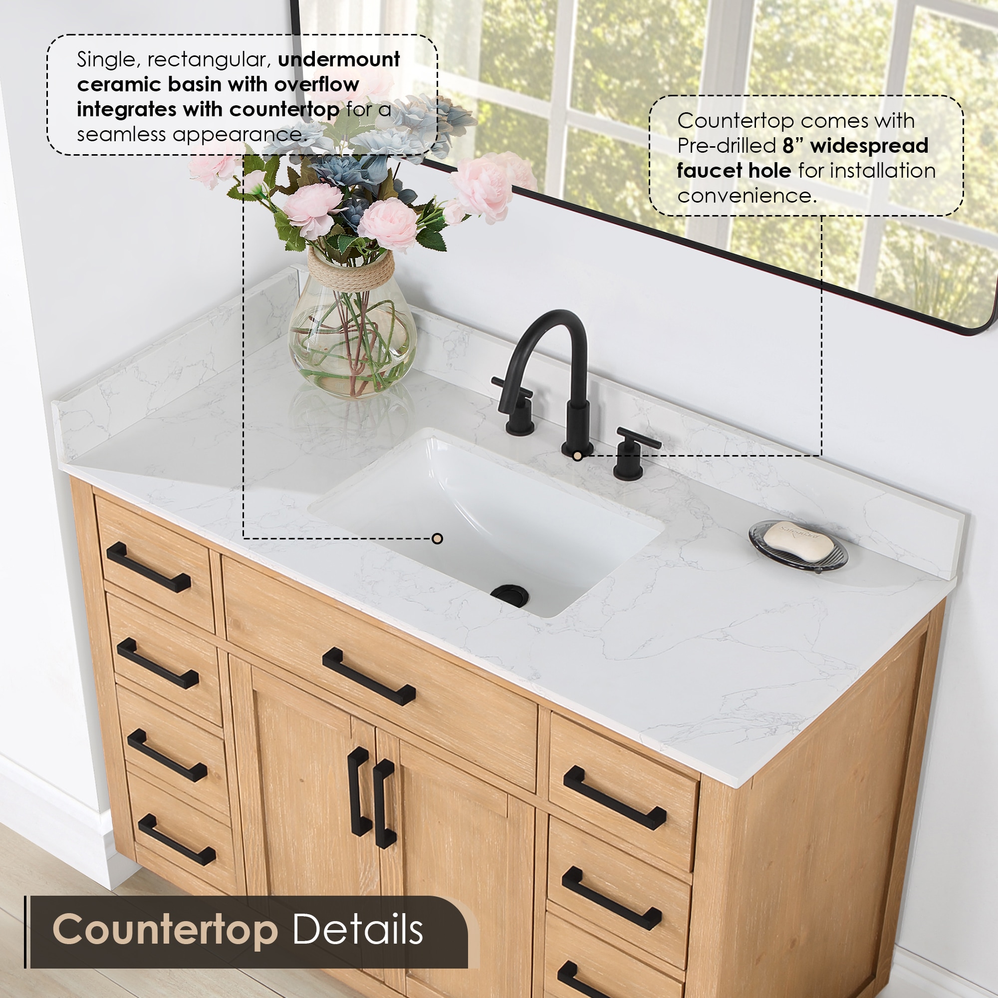 Gavino 48" Light Brown Wood Vanity with Mirror and Stone Top