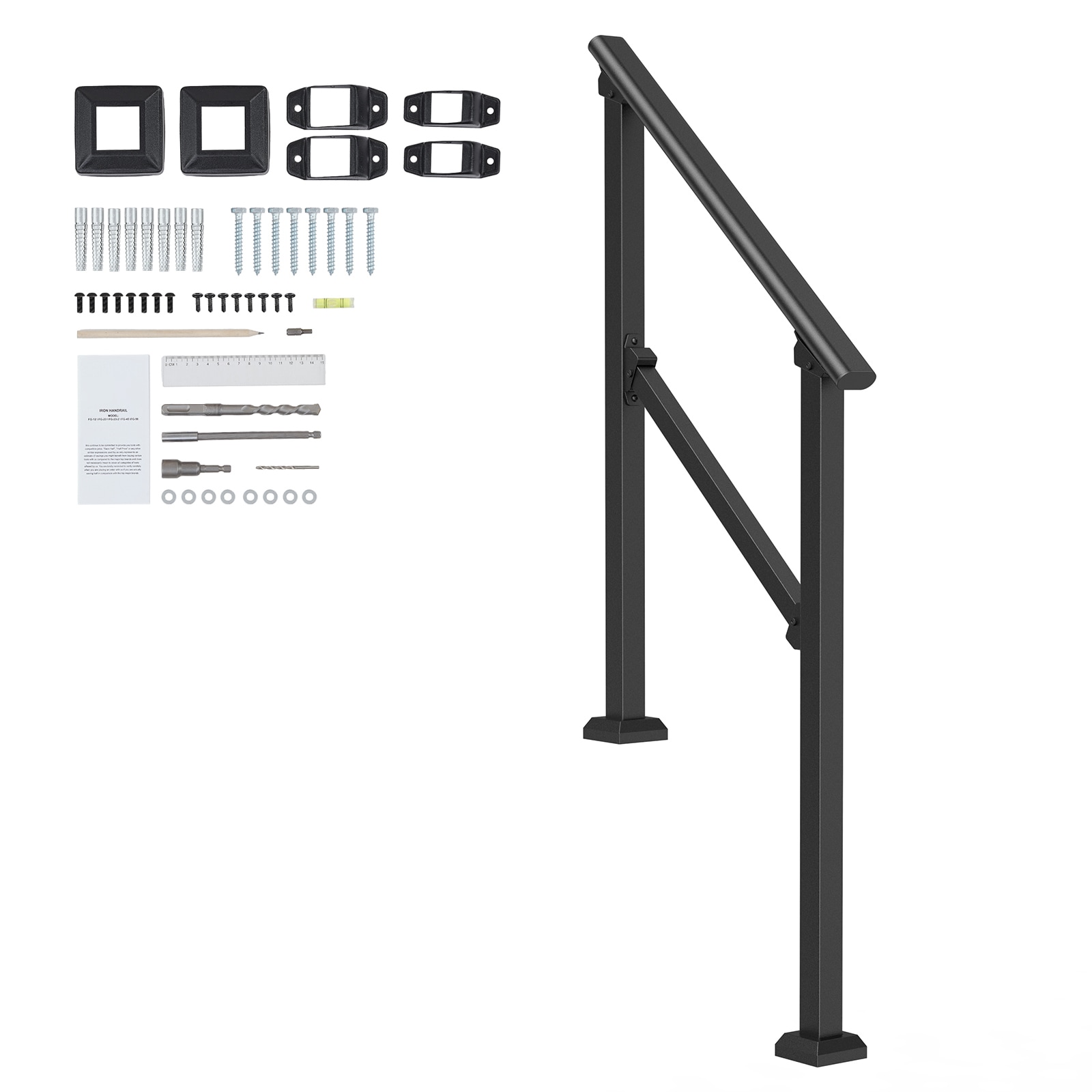 VEVOR SCFGDHGZLSLZ05796V0 Handrails for Outdoor Steps  2-3 Step Stair Hand Rail Kit  Transitional Carbon Steel Railings with Installation Kit  Stair Rails for Seniors  Concrete Steps and Porch and Deck  Black Square Tube