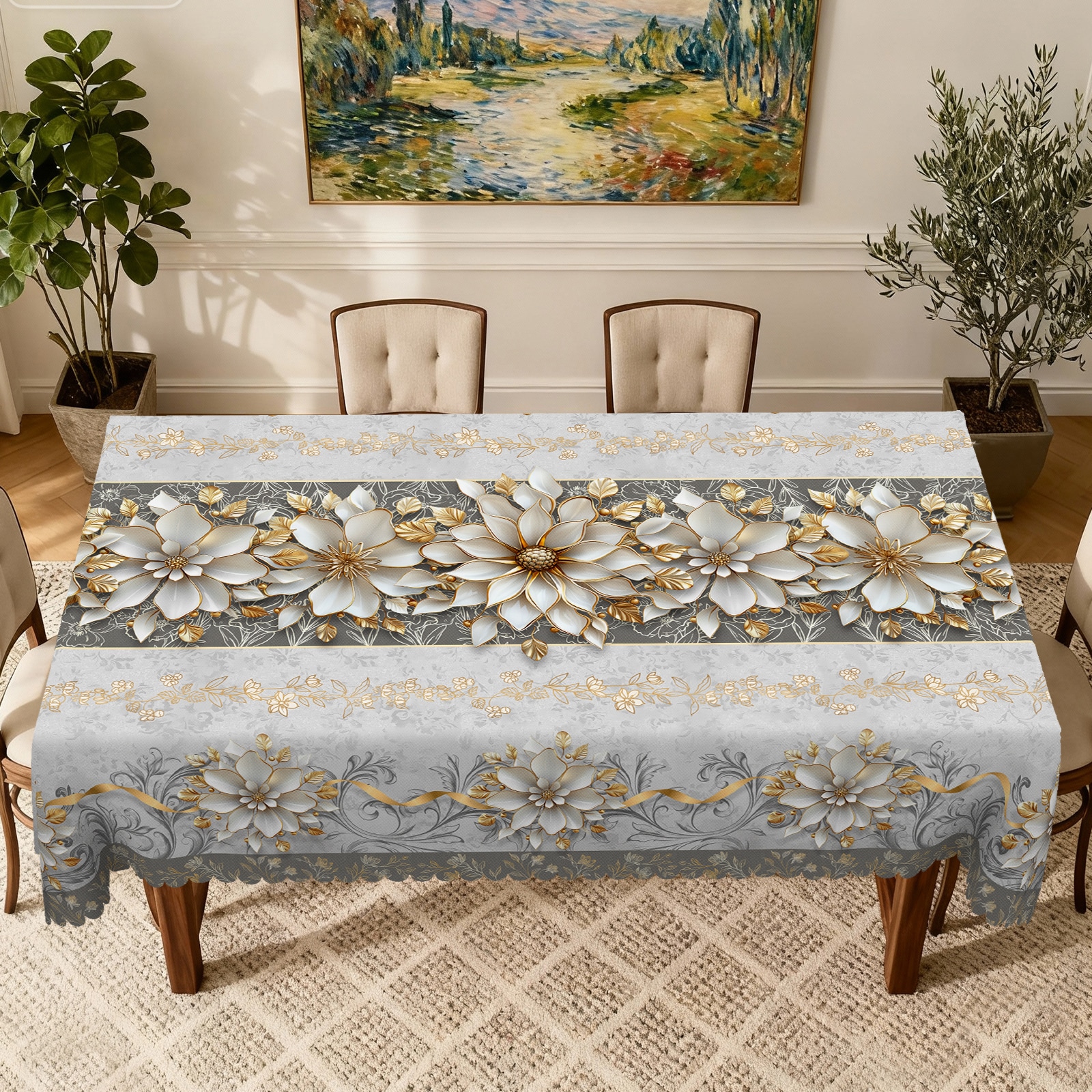 WISH TREE Washable Grey Floral Tablecloth Rectangle 55x70 Inch Seasonal Flower Table Cover for Party Picnic Dinner Christmas Decor