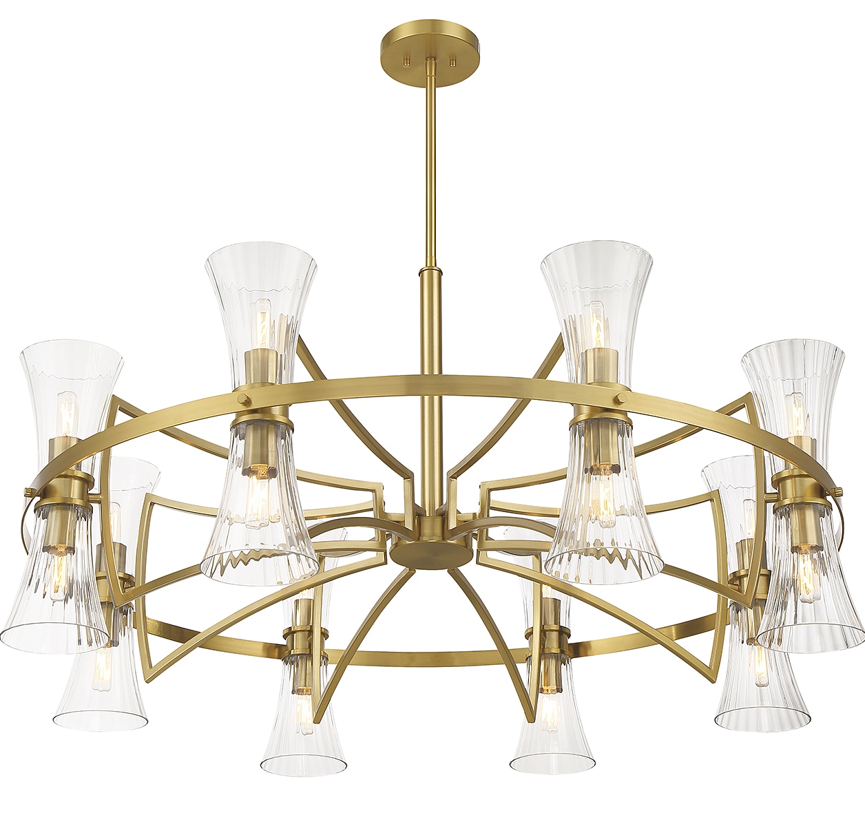 Bennington 16-Light Warm Brass Chandelier with Clear Ribbed Glass Shades