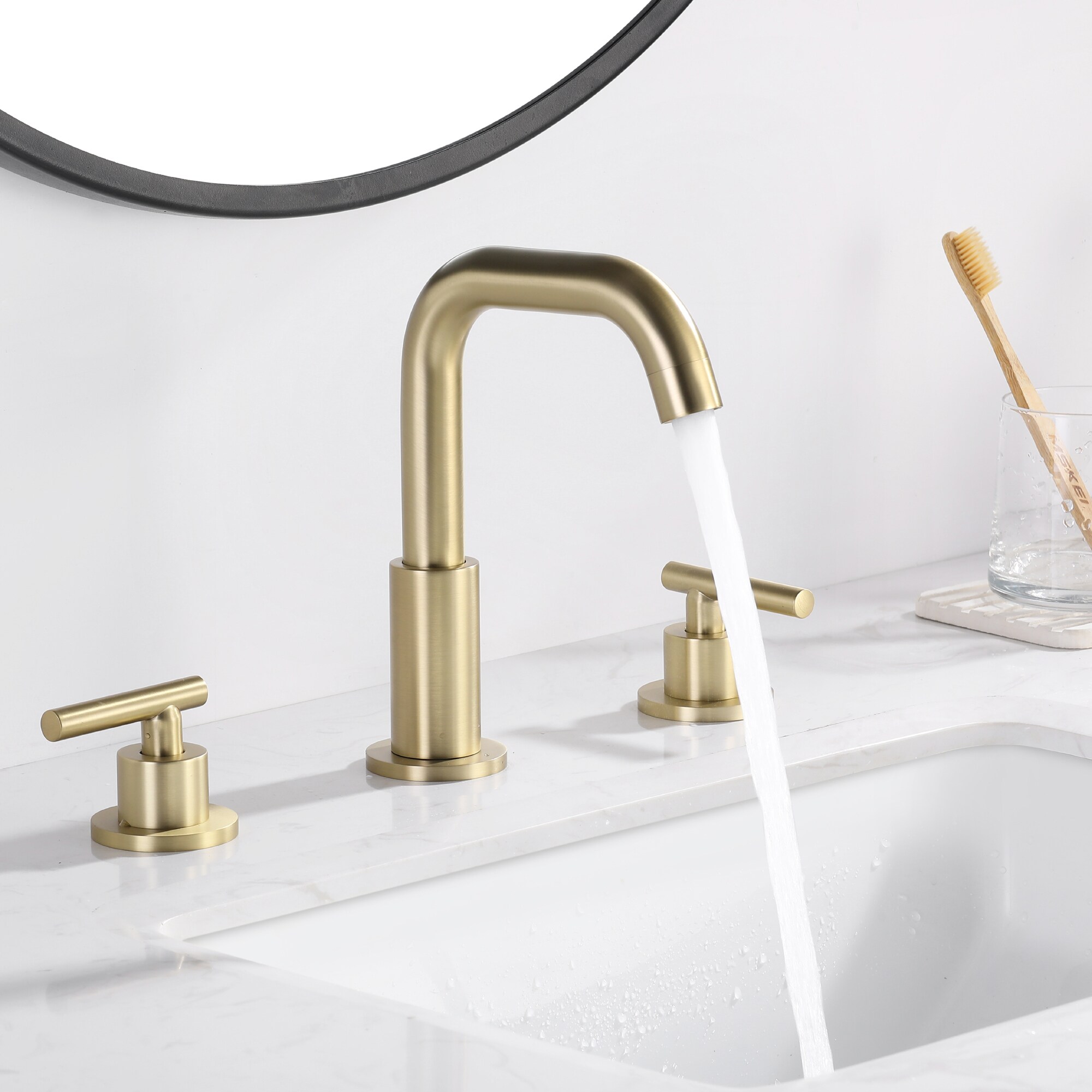 WELLFOR Brushed Gold Widespread 2-Handle Swivel Bathroom Sink Faucet in ...