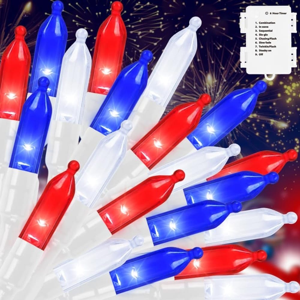 Afoxsos - 50 LED Red White Blue Patriotic String Lights 16 FT Mini Waterproof Outdoor Indoor Dec...