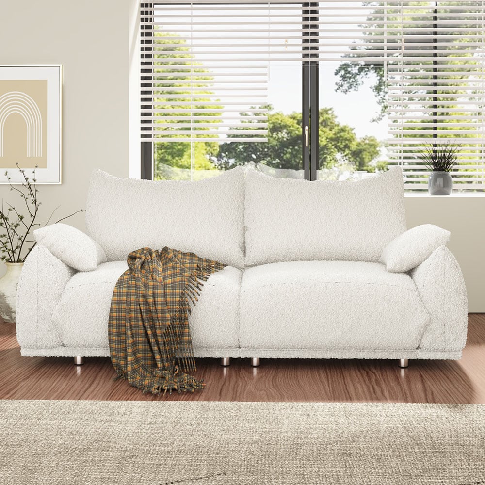 Homsee C-KF020518-01-AB Curly Fabric Two Seat Sofa with Slope Arms and Four Pillows Loveseat for Living Room or Bedroom 87.4''L x 32.3''W x 33.9''H White