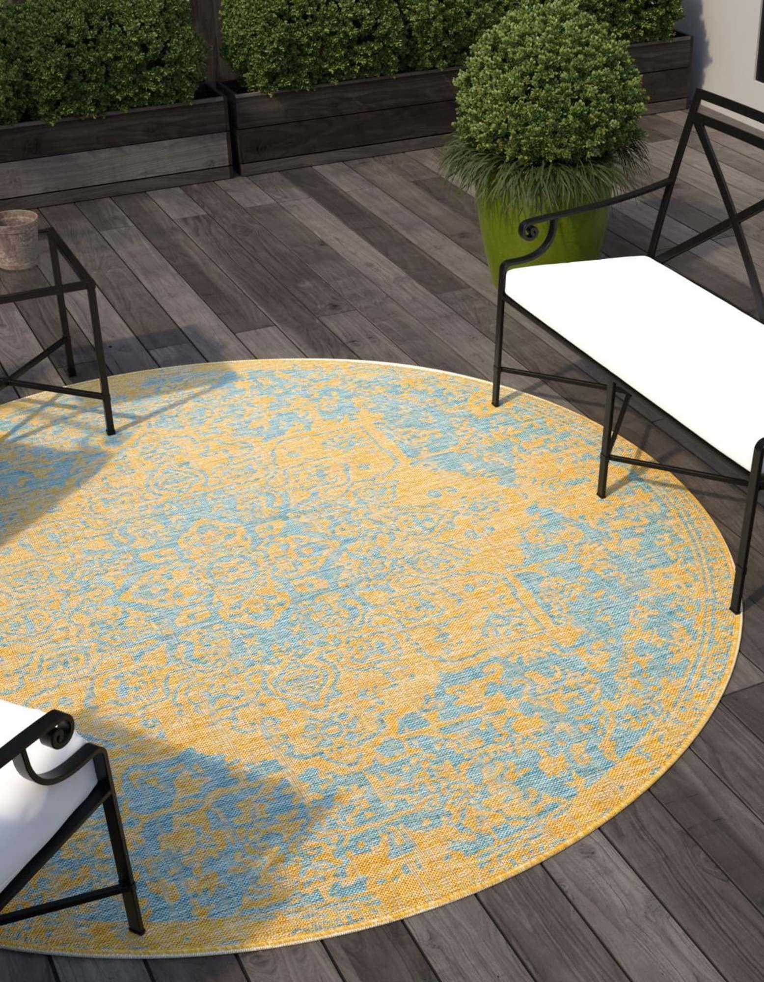 Unique Loom 3180831 Jill Zarin Outdoor 11 x 11 (ft) Loomed Polypropylene Yellow and Aqua Square Indoor/Outdoor Trellis Area rug
