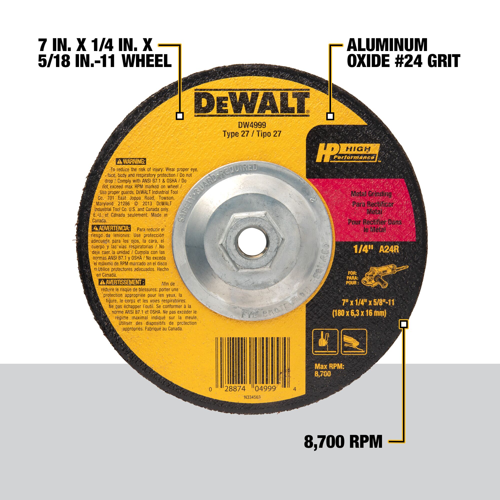 4-1/2 in. x 1/4 in. x 5/8 in.-11 Type 27 Metal Grinding Wheel