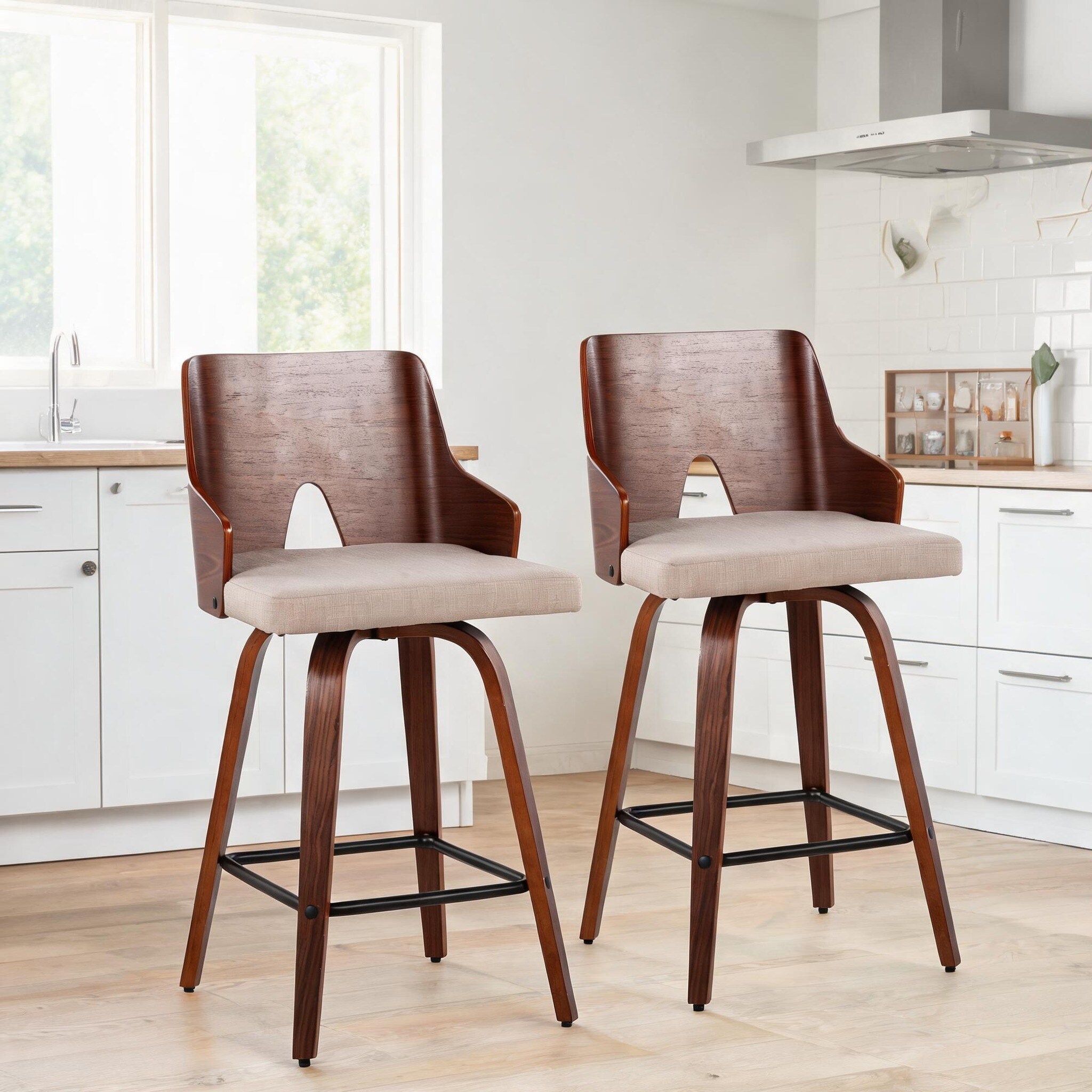 Watnature Set of 2 Counter Stools with Compact Mid-Century Walnut Frame ...