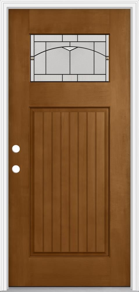 JELD-WEN LOWOLJW205800095 32-in x 80-in Fiberglass Craftsman Right-Hand Inswing Oak Crest Stained Prehung Front Door with Brickmould Insulating Core