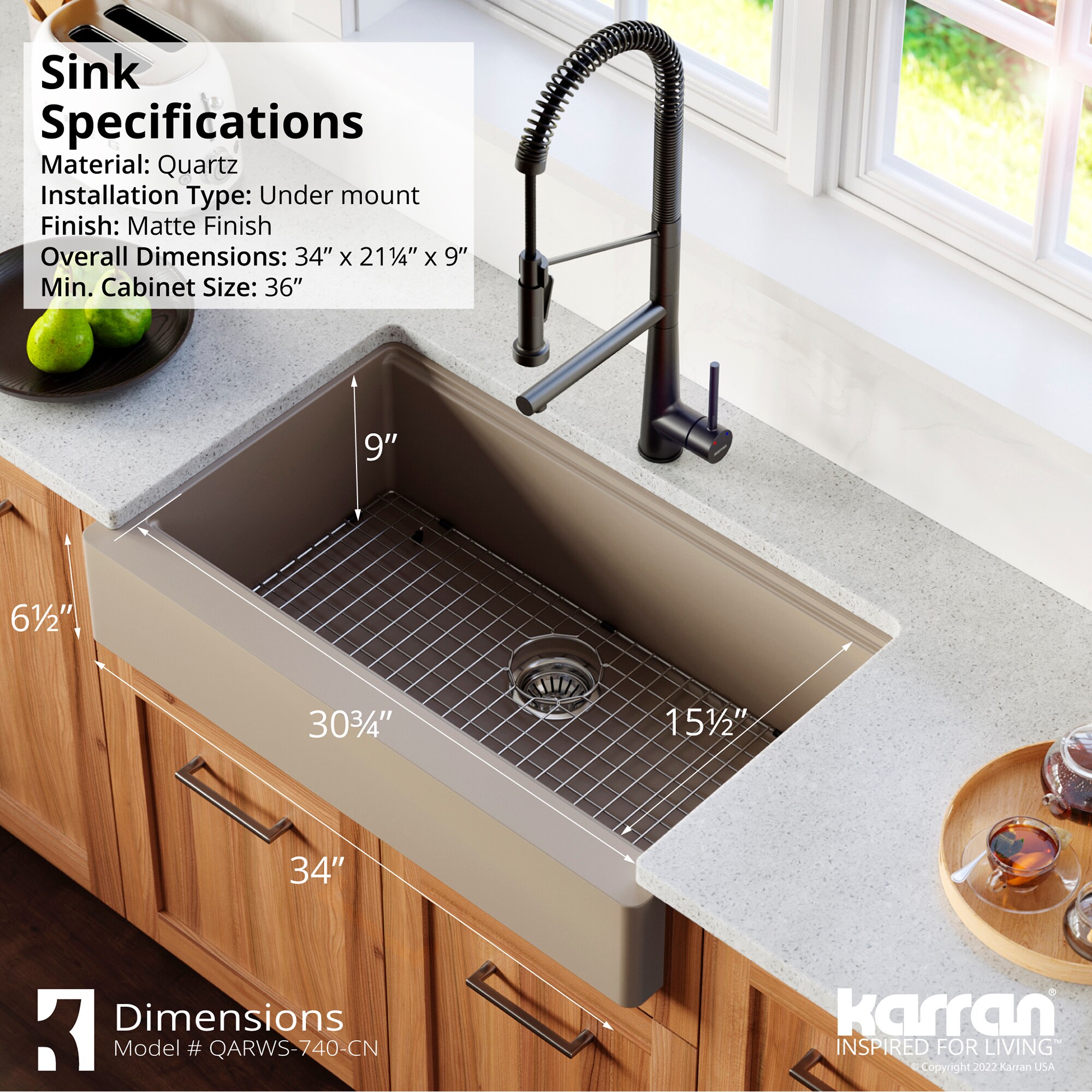 Concrete Quartz 34'' Single Bowl Farmhouse Workstation Sink