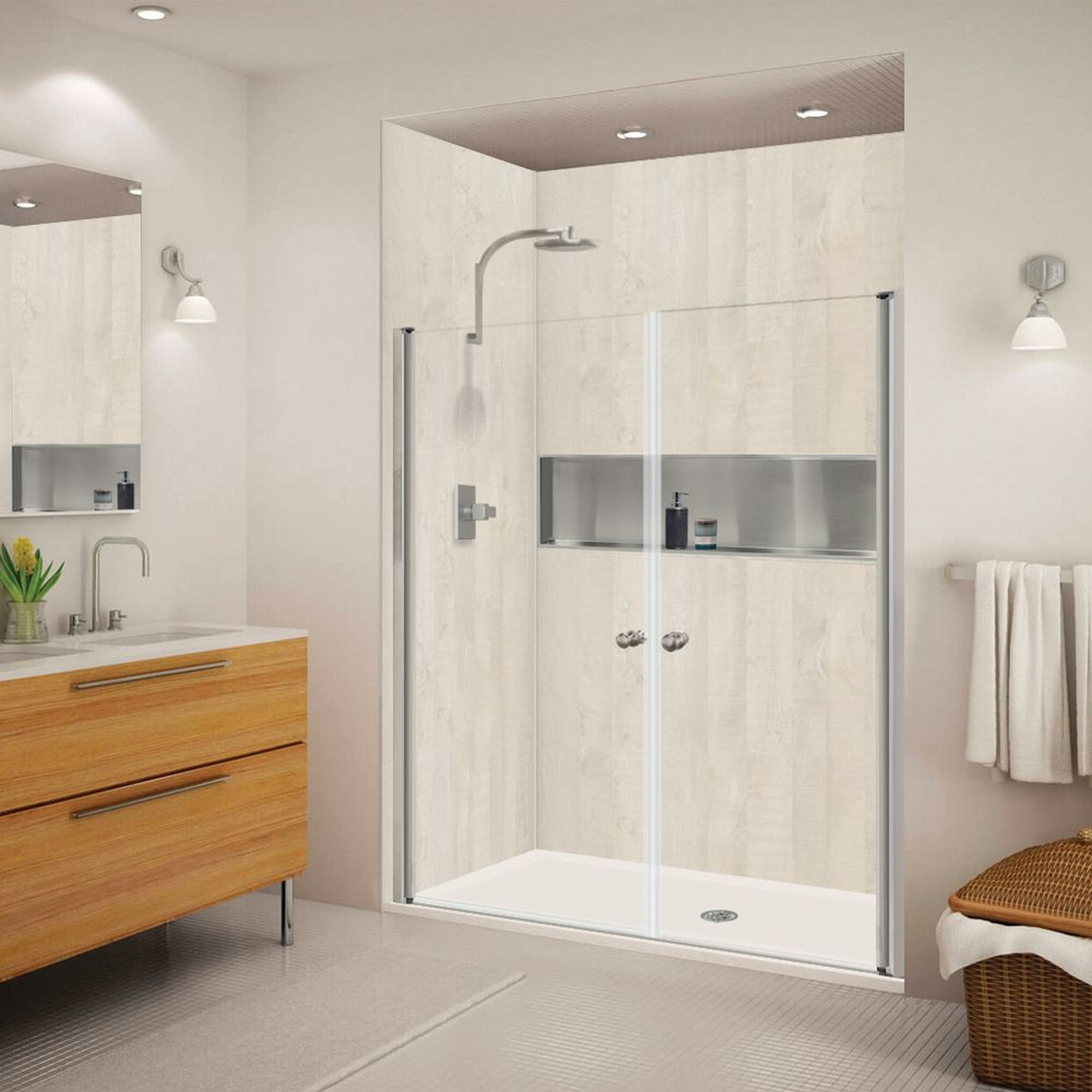 Transolid K-LSD647006C-BS Brushed Stainless 62-3/8-in to 63-3/8-in W x 70-in H Frameless Pivot Shower Door 1/4-in Thick Clear Glass