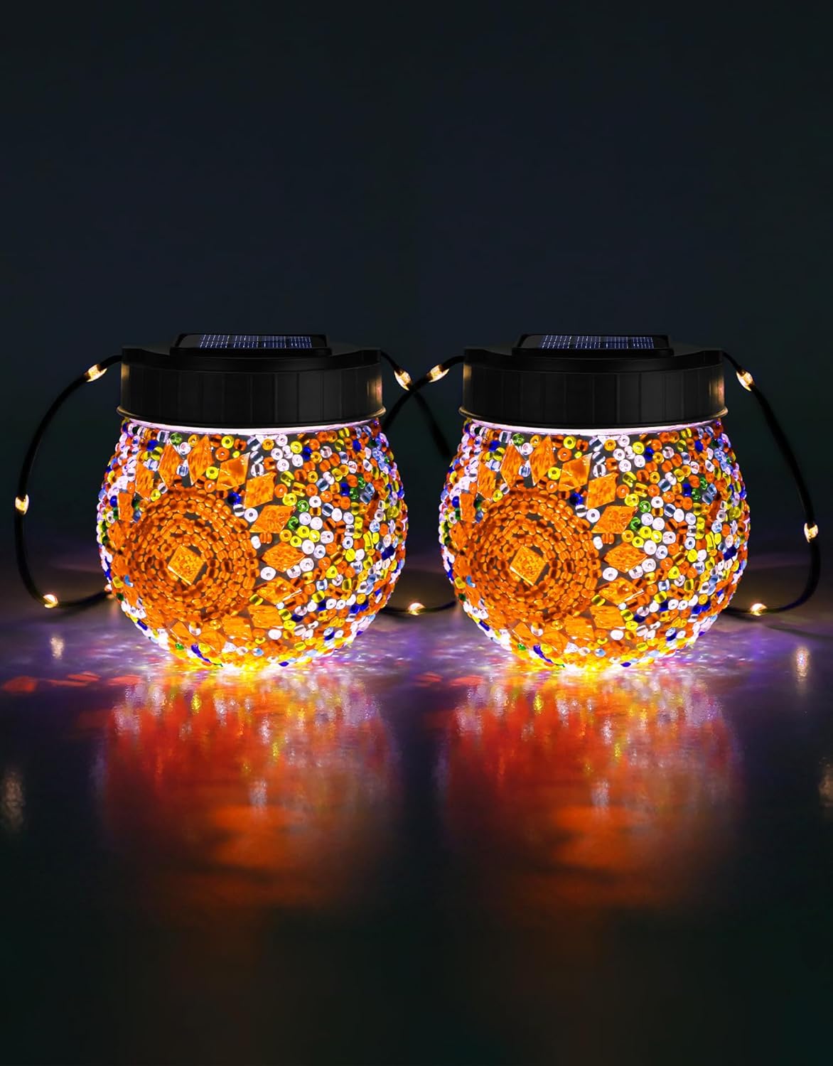 Cinoton Mosaic Solar Lights Outdoor 2 Pack Solar Hanging Lanterns Christmas Halloween Gifts for Women Mom Grandma Waterproof Glass Globe Lights Garden Patio Decor for Yard Tree Balcony Warm