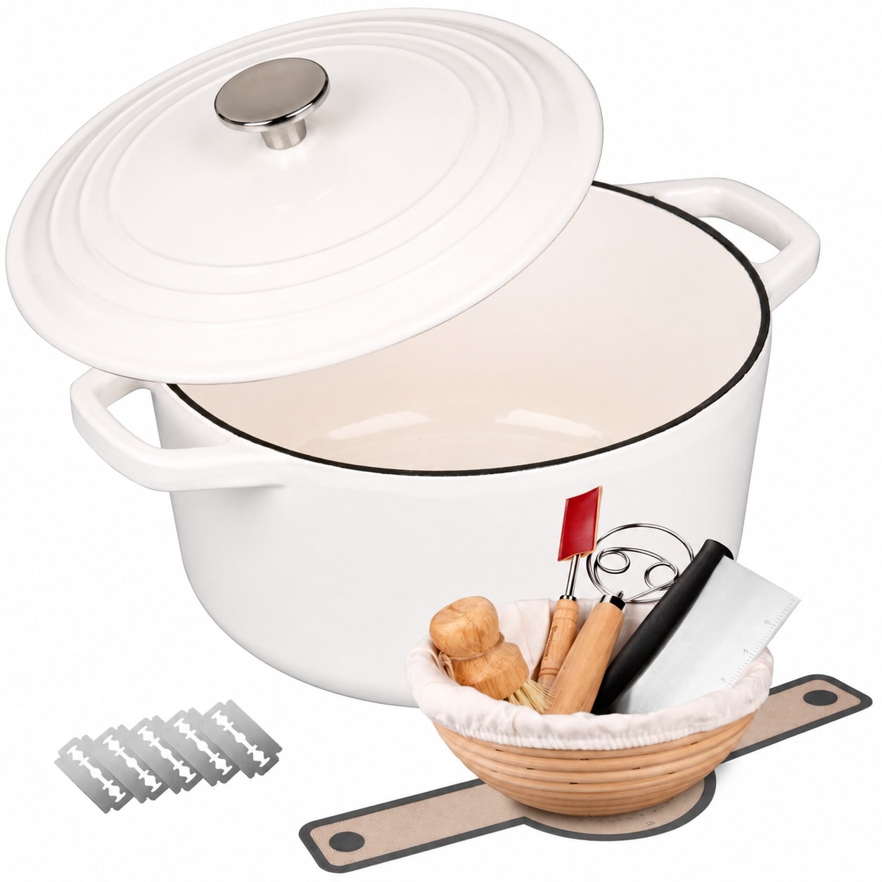 Aoibox  4 5 qt White Enameled Cast Iron Round Dutch Oven Pot with Lid and Sourdough Bread Baking Supplies Set