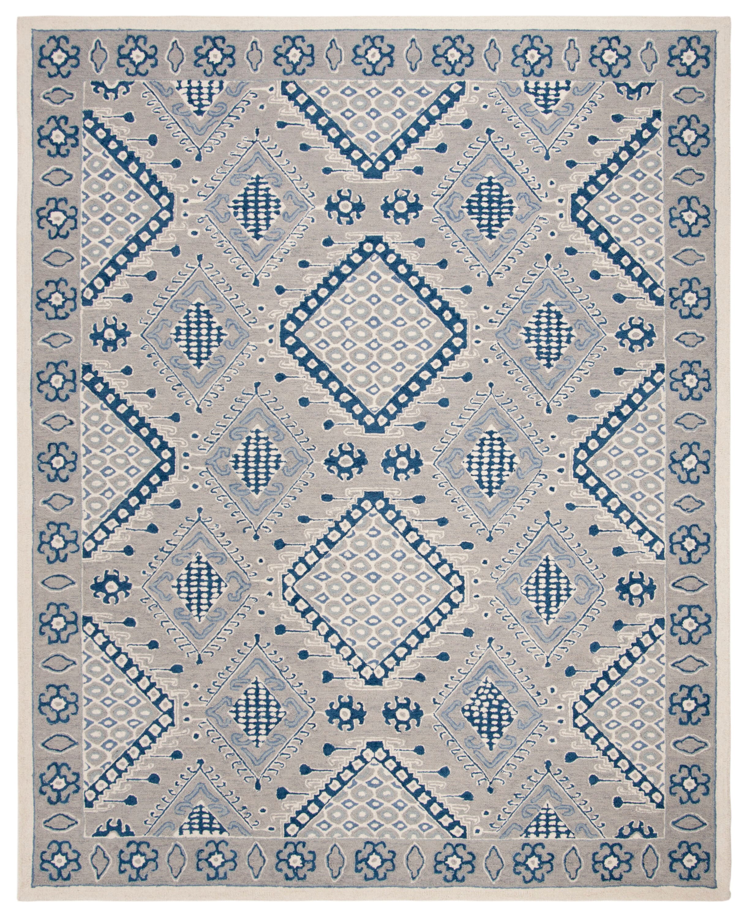 Handmade Light Grey and Blue Wool Area Rug, 8' x 10'