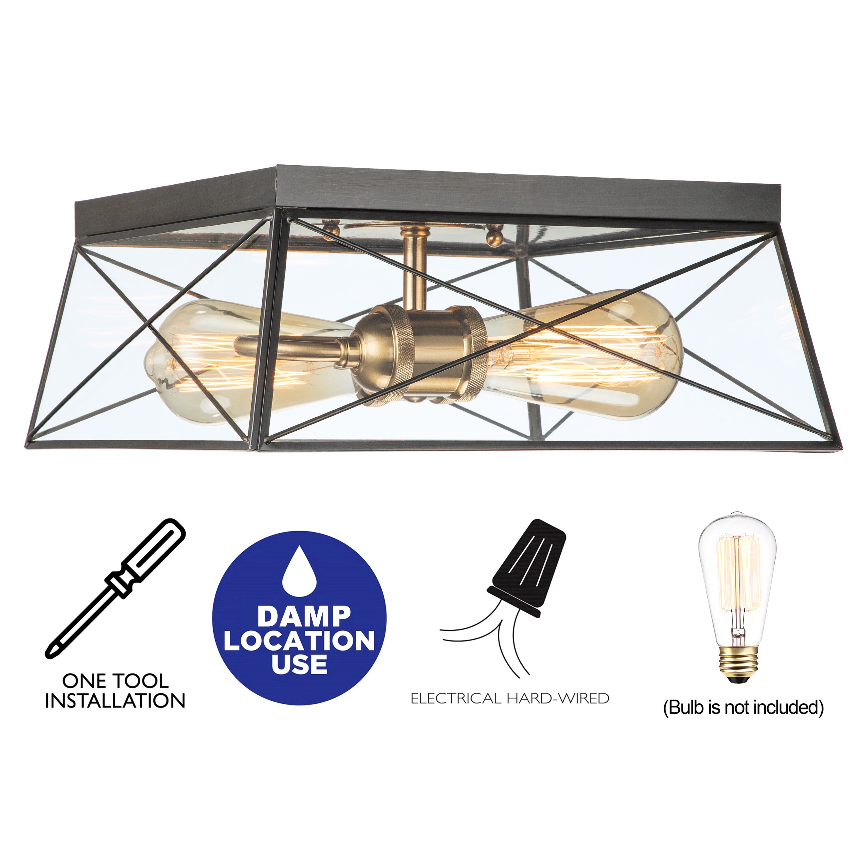 Modern Barn-Style Dark Bronze and Brass 11.75" Flush Mount with Clear Glass
