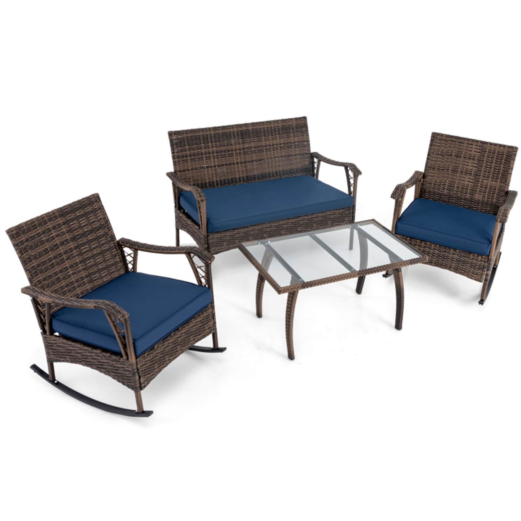BABOOM BOM-1853NY+-CO Wicker Rocking Set 4 -Piece Rattan Patio Conversation Set with Navy Cushions