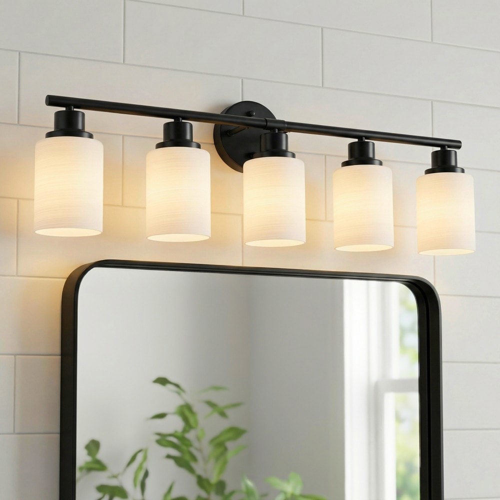 Basdien 31 in Black 5Light Modern Vanity Light with Frosted White Glass Shades and Sleek Black Iron Frame for Bathroom Bedroom and Dressing Room Lighting Fixture (No Bulbs Included)