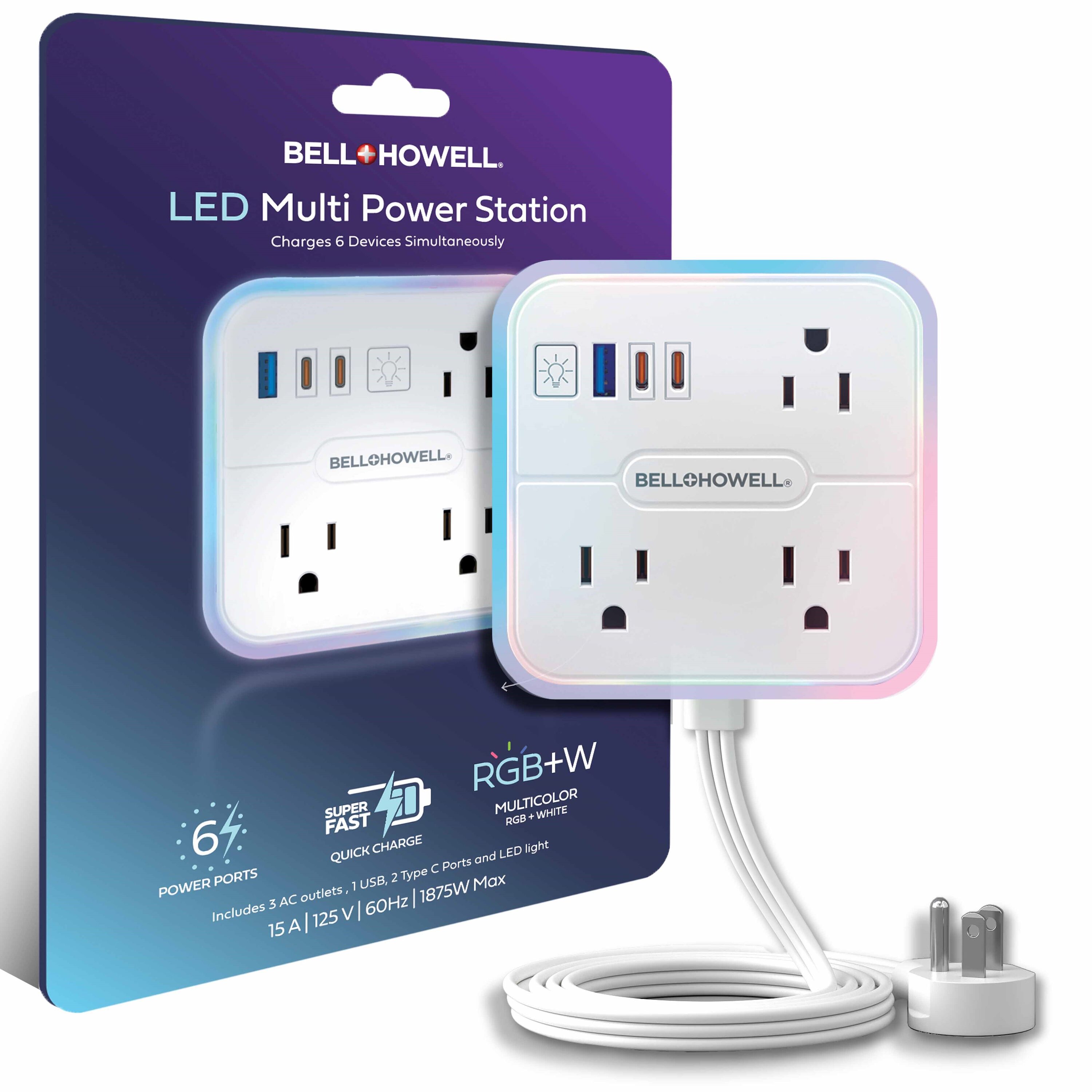 BELL + HOWELL 6051D 6-ft RGB Surge 6 -Outlet 600 Joules 1875 -Watts 1875VA White Indoor USB AC Surge Protector