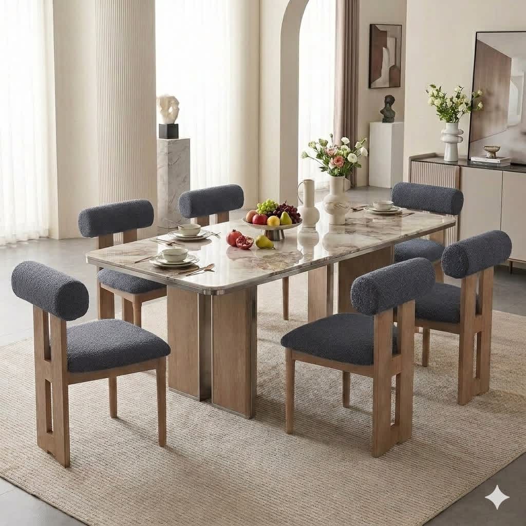 SEYNAR  Set of 6 Modern Linen Upholstered Dining Chairs with Bolster Backrest