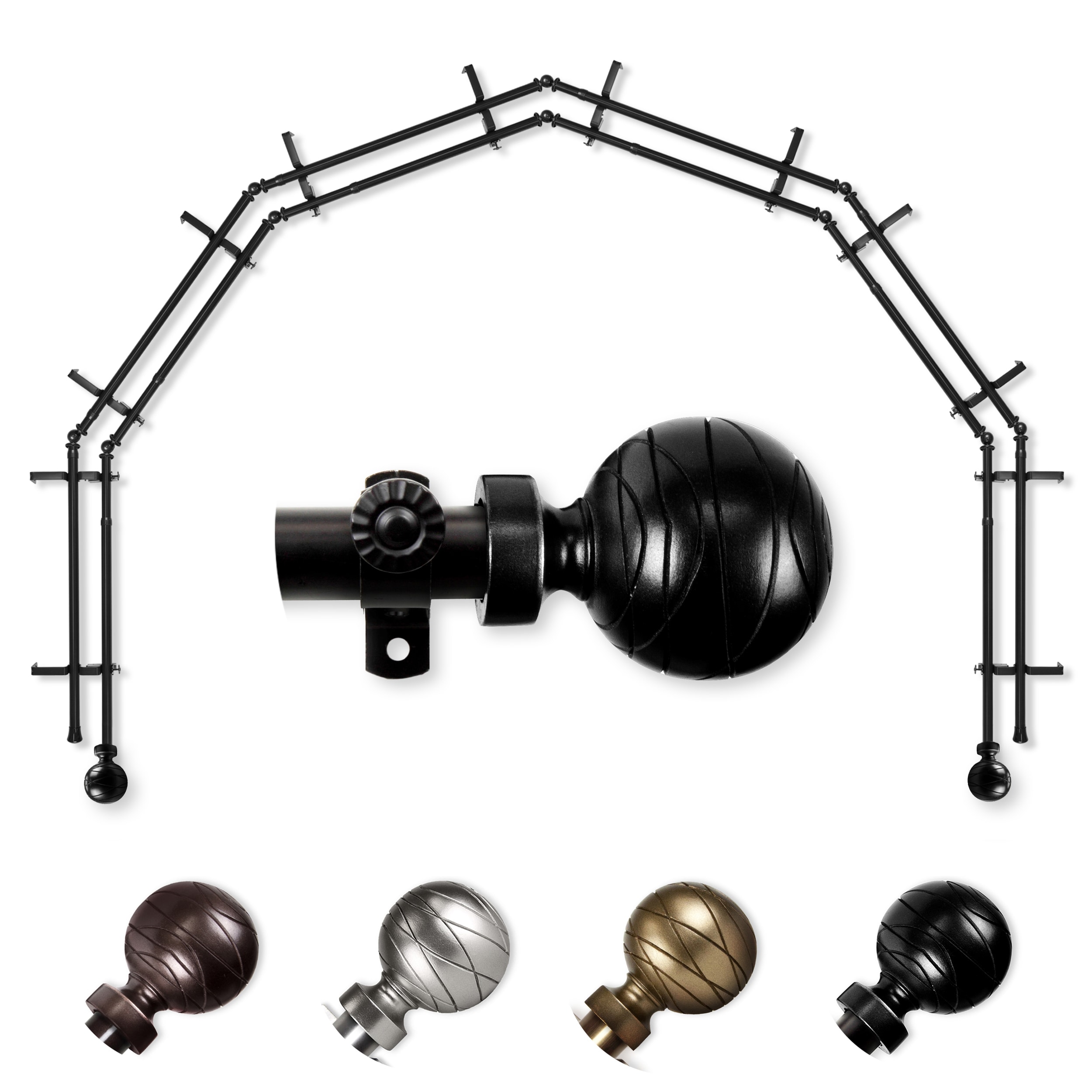 Hart & Harlow L-6BAY-84-2D Able 6-Sided Double Bay Black Steel Bay window curtain rod with Finials